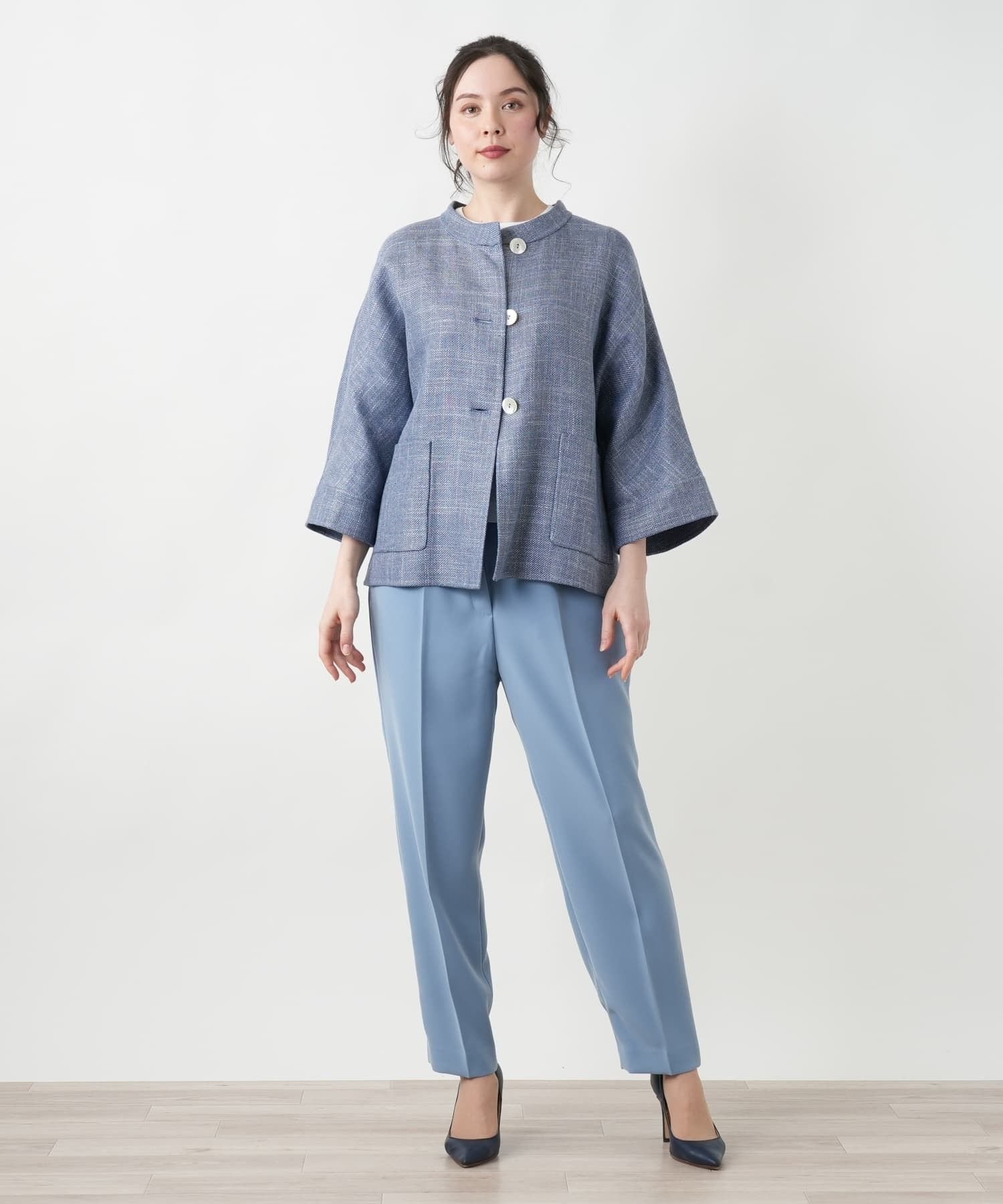 Leilian PLUS HOUSE 【店頭人気】ノーカラージャケット【STEFANONI】 レリアン プラスハウス ジャケット・アウター テーラードジャケット・ブレザー グリーン ブルー