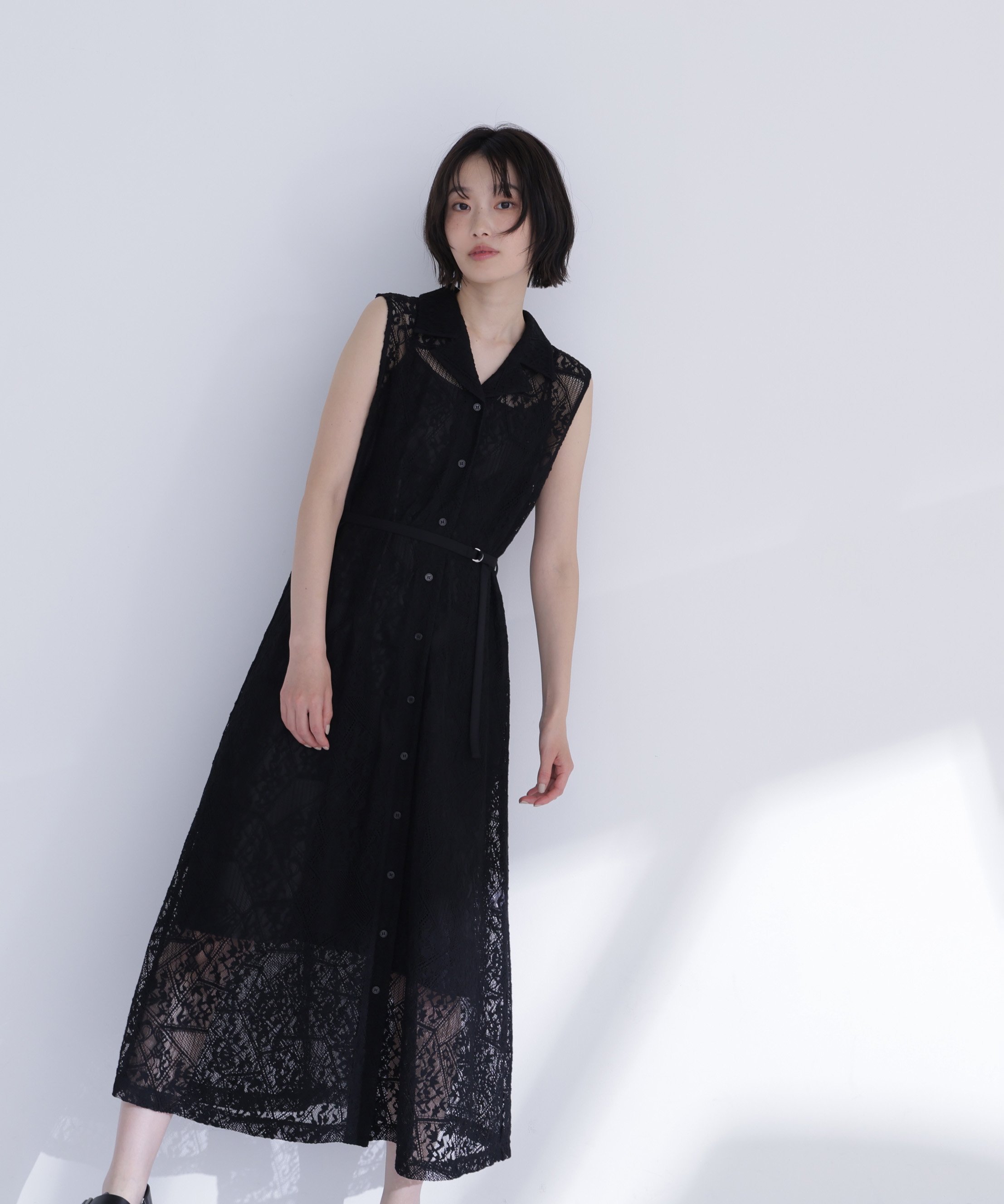 NATURAL BEAUTY BASIC ノースリーブレースシャツワンピース ナチュラルビューティベーシック ワンピース・ドレス ワンピース ブラック ホワイト