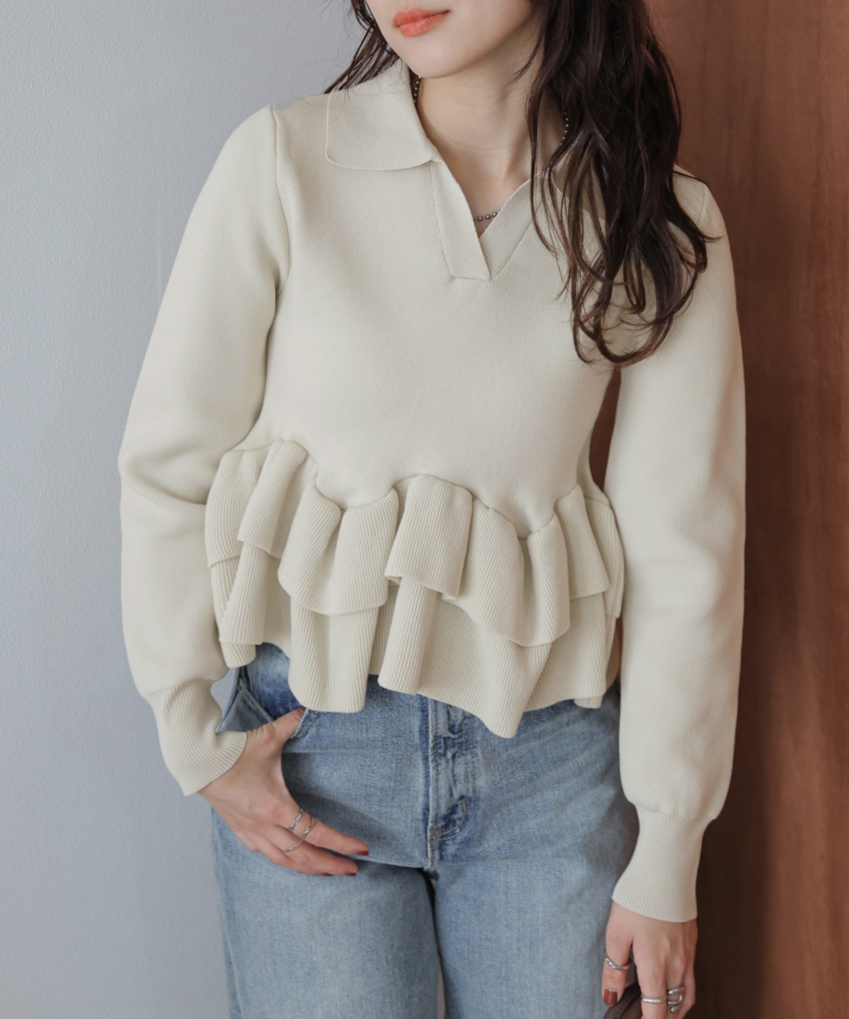 La-gemme ダブルペプラムスキッパーニットトップス ラジュール トップス ニット ベージュ ブラウン ブラック