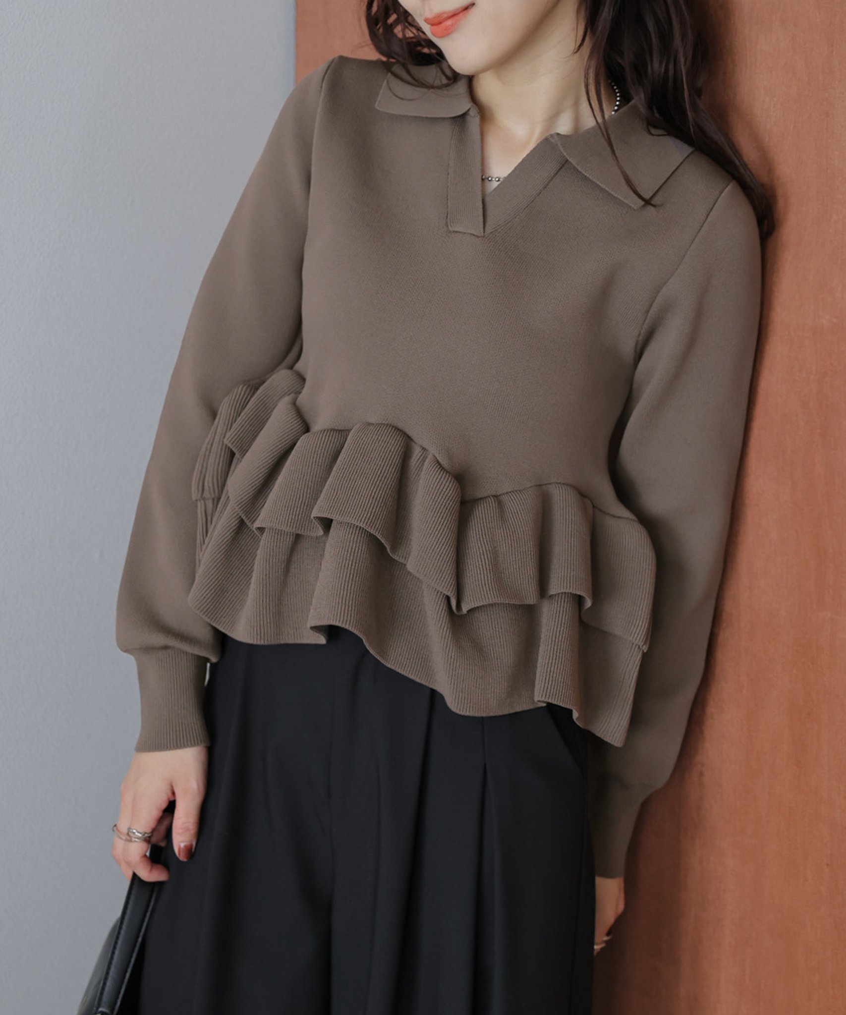La-gemme ダブルペプラムスキッパーニットトップス ラジュール トップス ニット ベージュ ブラウン ブラック