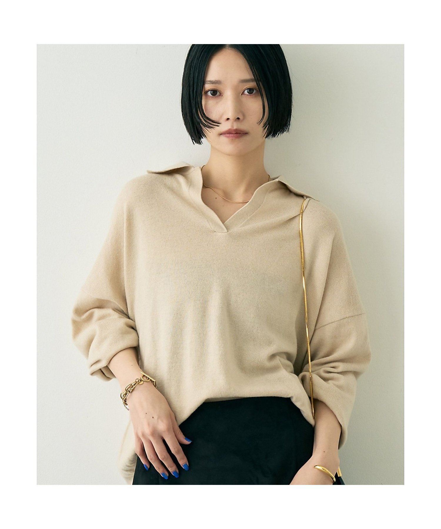 Rouge vif la cle カシミヤ混ウール襟付きスキッパーニット ルージュ・ヴィフ ラクレ トップス ニット ベージュ ブラウン ピンク