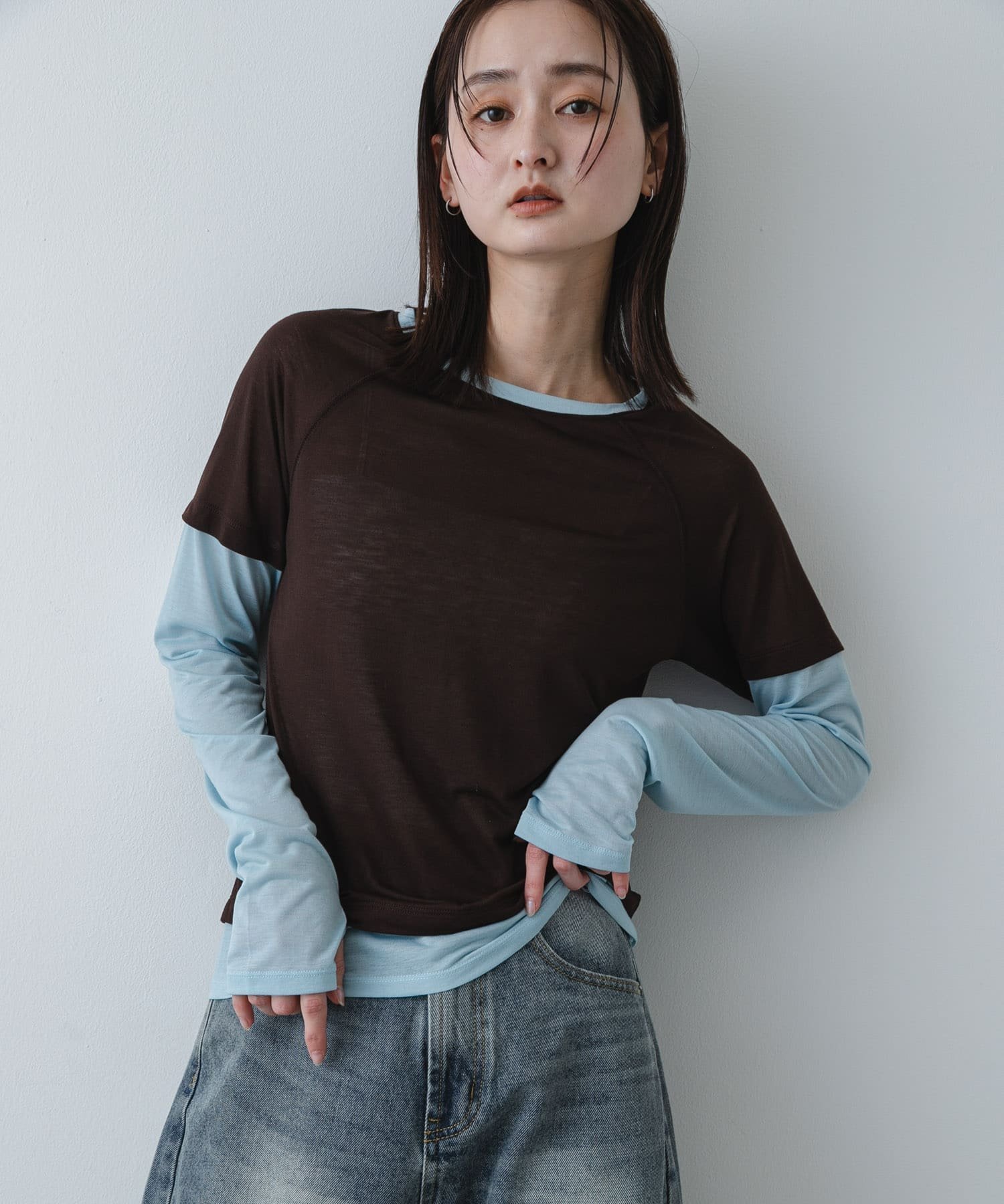SENSE OF PLACE ハイショクレイヤードコンパクトトップ センス オブ プレイス トップス カットソー・Tシャツ グレー ブラウン ネイビー
