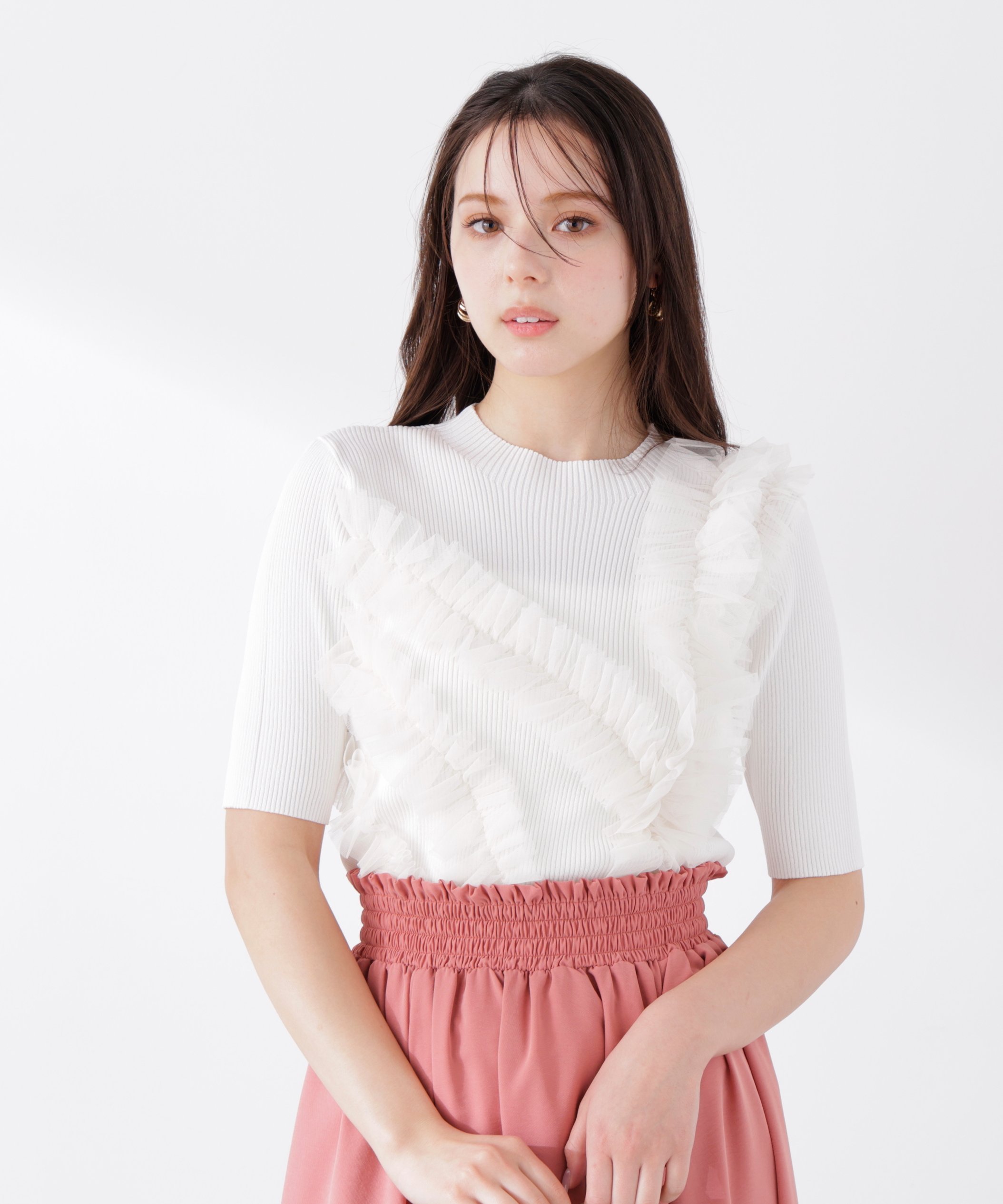 PROPORTION BODY DRESSING チュールフリル付きニット 26SS プロポーションボディドレッシング トップス ニット ホワイト パープル ベージュ
