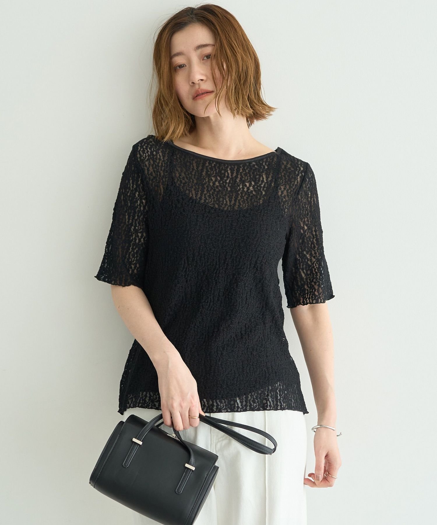YECCA VECCA 5分袖レースシアートップス イェッカヴェッカ トップス カットソー・Tシャツ ホワイト ブラック
