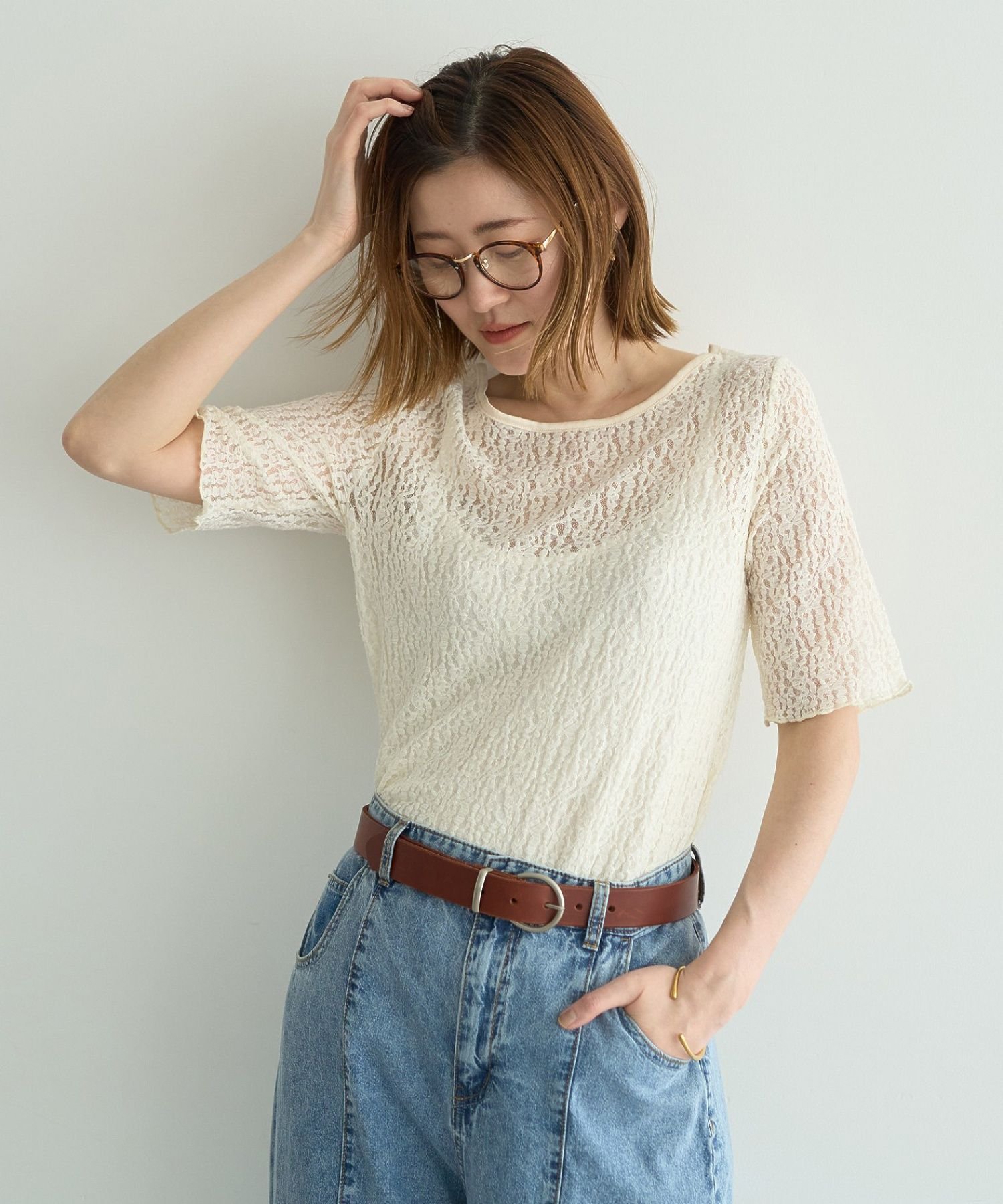 YECCA VECCA 5分袖レースシアートップス イェッカヴェッカ トップス カットソー・Tシャツ ホワイト ブラック