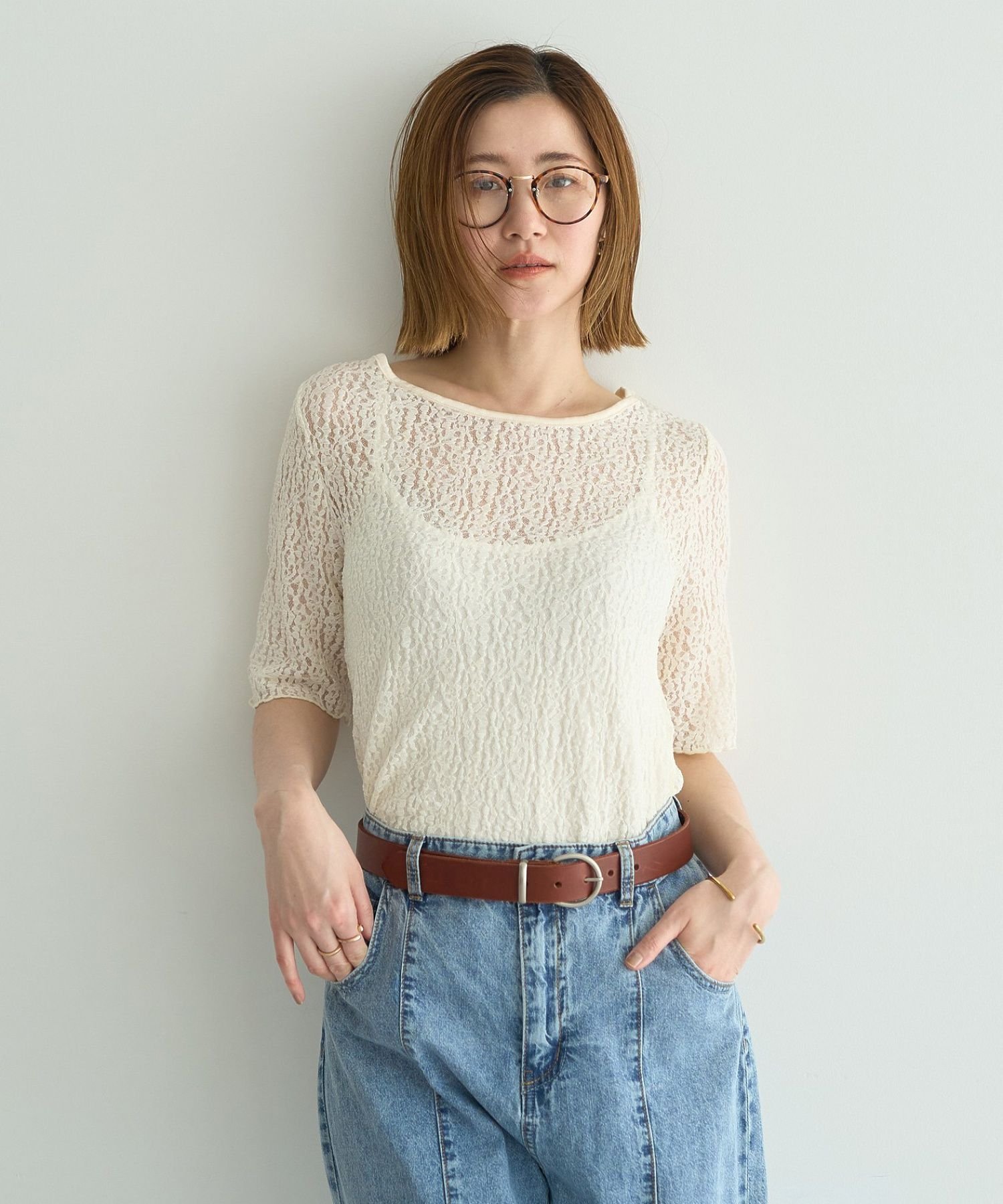 YECCA VECCA 5分袖レースシアートップス イェッカヴェッカ トップス カットソー・Tシャツ ホワイト ブラック