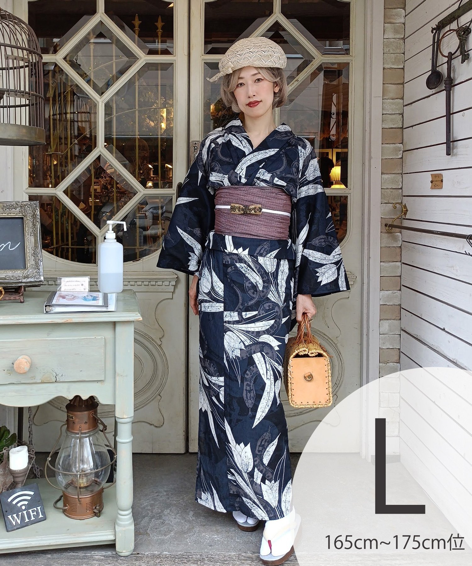 Nico@ntique ニコアンティーク 浴衣 3点セット チューリップと大蛇の抱擁・紺 Lサイズ ウタタネ 着物・浴衣・和装小物 浴衣【送料無料】