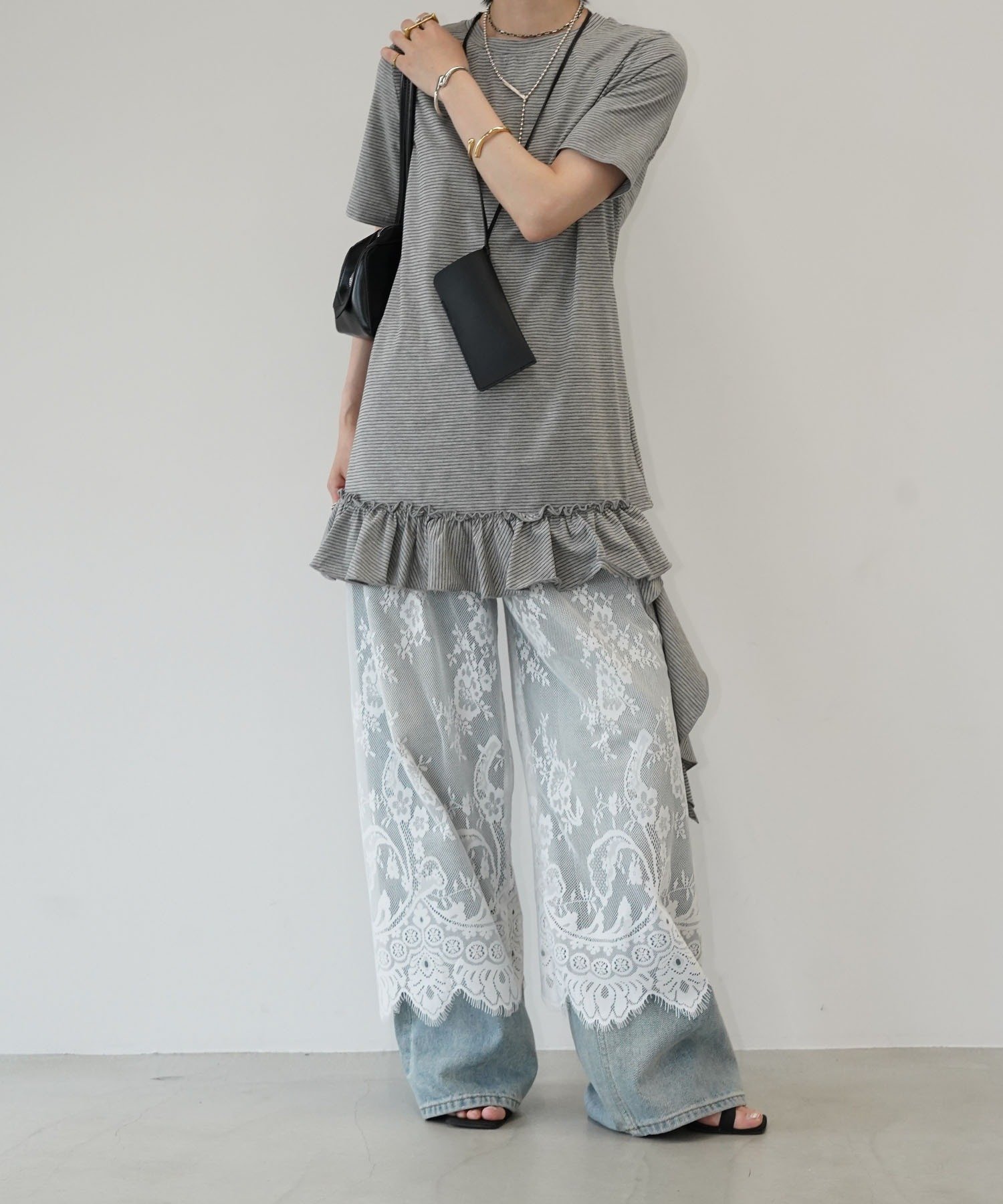 アシメフリルボーダートップス chw26s290 チュクラ トップス カットソー・Tシャツ グレー ホワイト