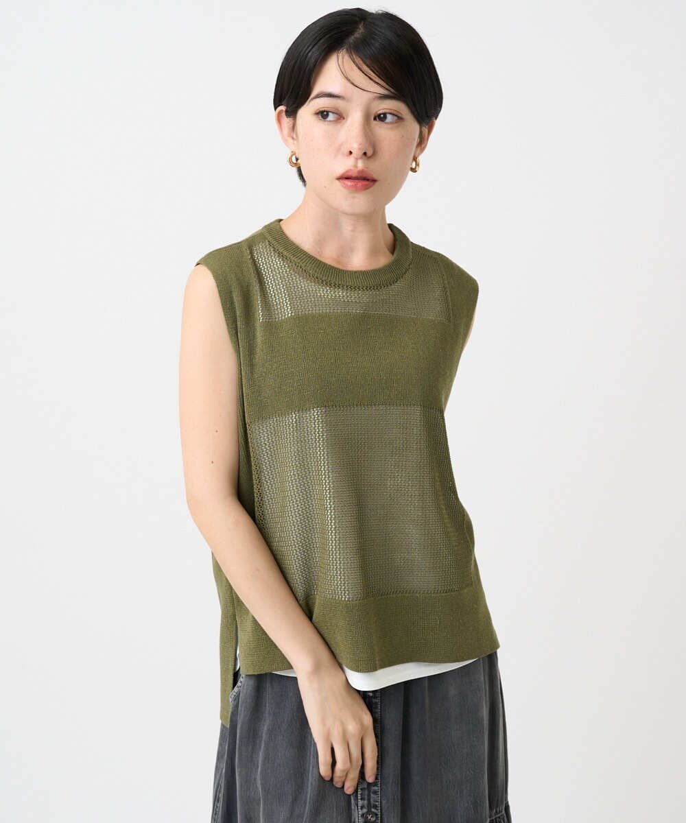 【SALE／50%OFF】GEORGES RECH（小さいサイズ） [新色追加]バックスリットメッシュニットベスト メゾンドゥサンク トップス ベスト・ジレ カーキグリーン ブラック ネイビー ホワイト【送料無料】