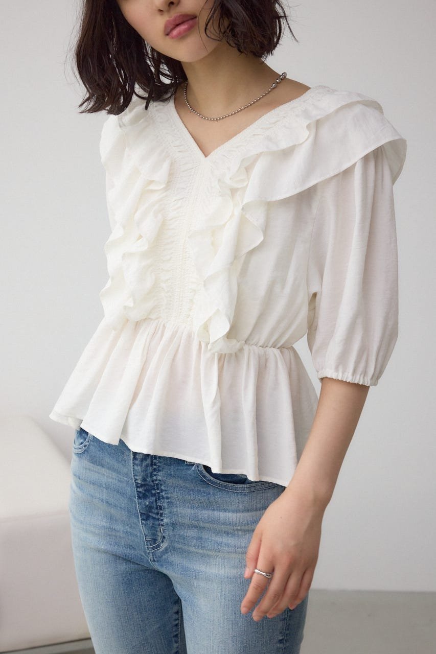 【SALE／20%OFF】AZUL BY MOUSSY ラッフルショルダーブラウス アズールバイマウジー トップス シャツ・ブラウス ブラック ホワイト