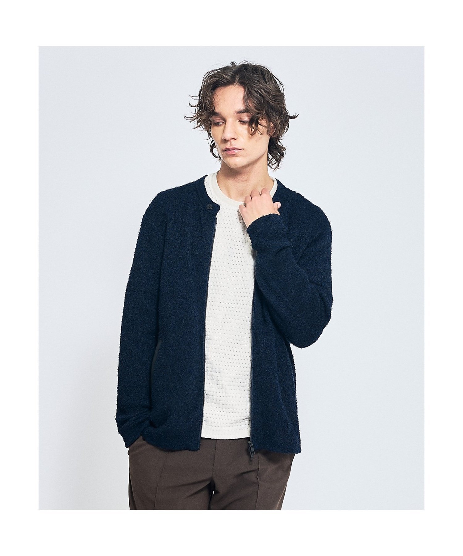 ABAHOUSE LASTWORD カールヤーン ニットライダース / ニットブルゾン アバハウス ジャケット・アウター ブルゾン・ジャンパー ネイビー グレー【送料無料】