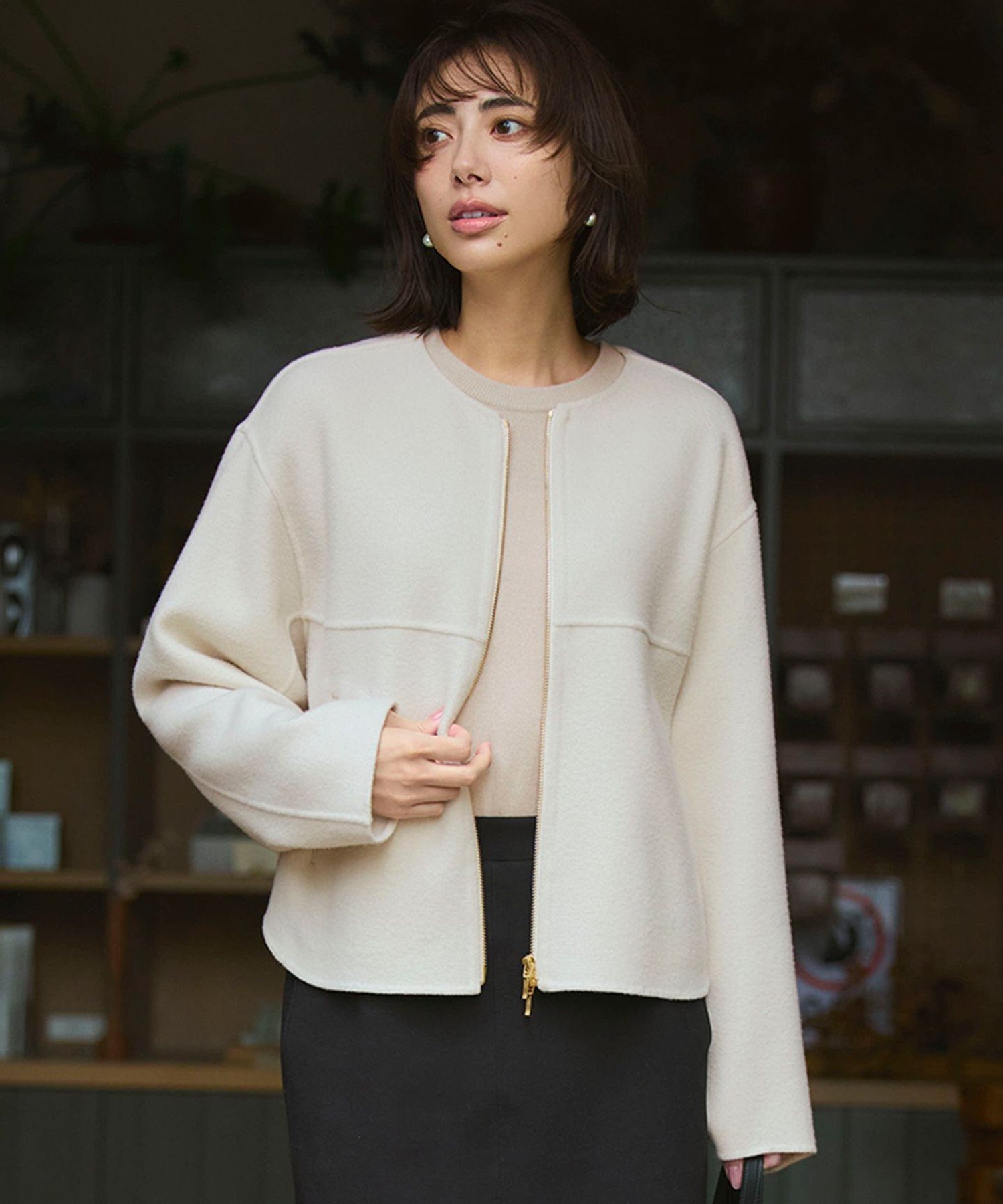 23区 ウールライトリバー ノーカラー ショートコート ニジュウサンク ジャケット・アウター ノーカラージャケット ベージュ ブラック ブラウン【送料無料】のサムネイル