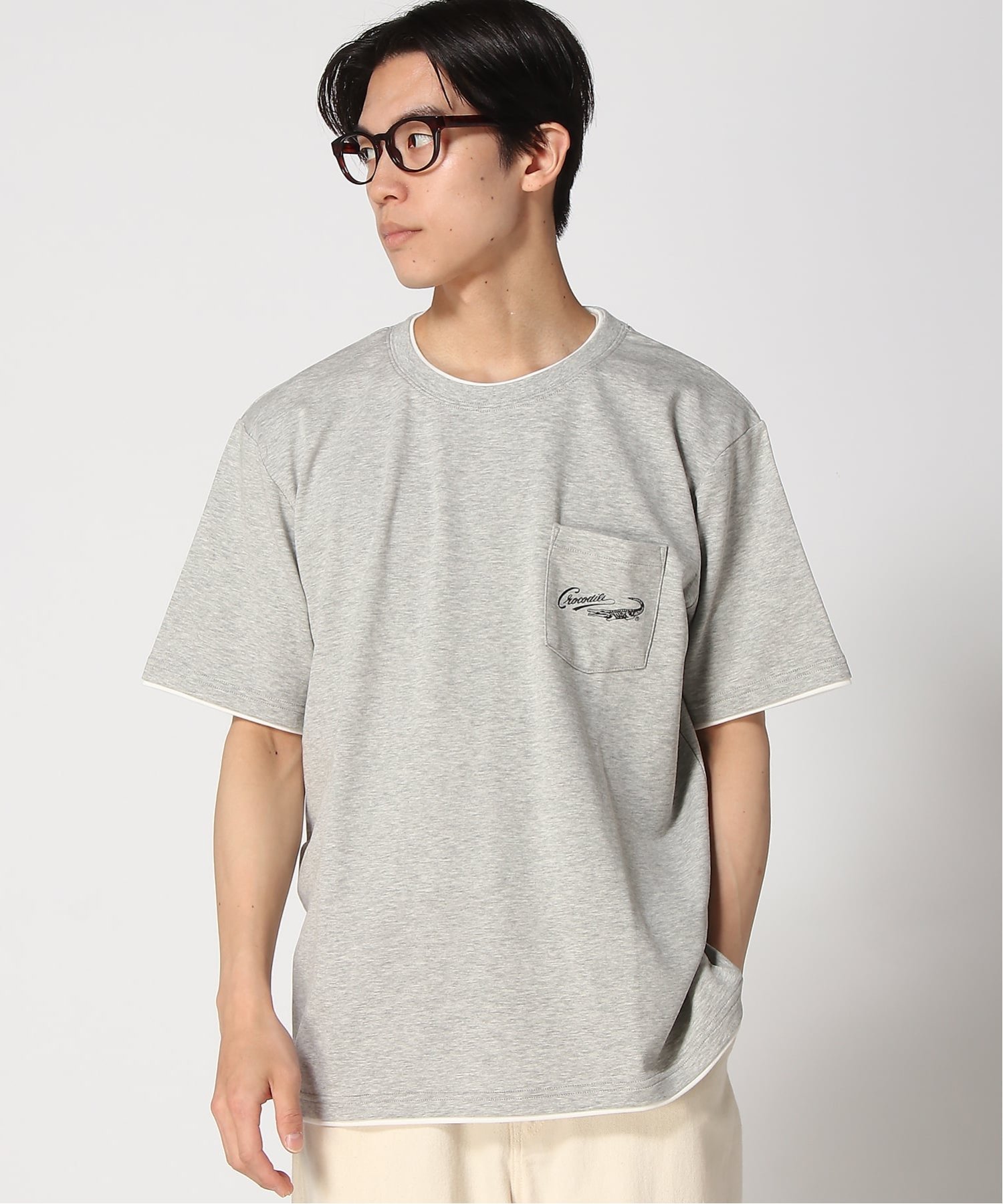 (M)レイヤード風 デザイン Tシャツ クロコダイル トップス カットソー・Tシャツ ブラック グレー