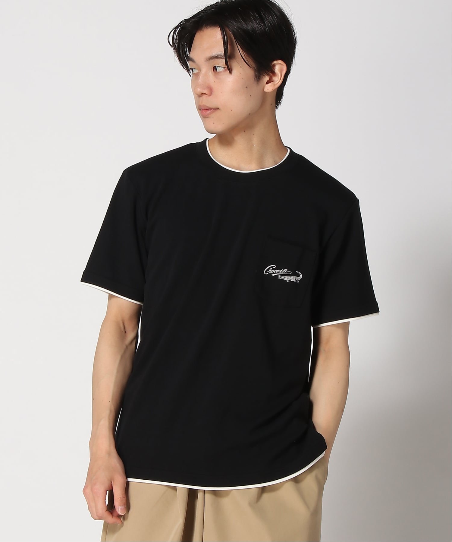 (M)レイヤード風 デザイン Tシャツ クロコダイル トップス カットソー・Tシャツ ブラック グレー