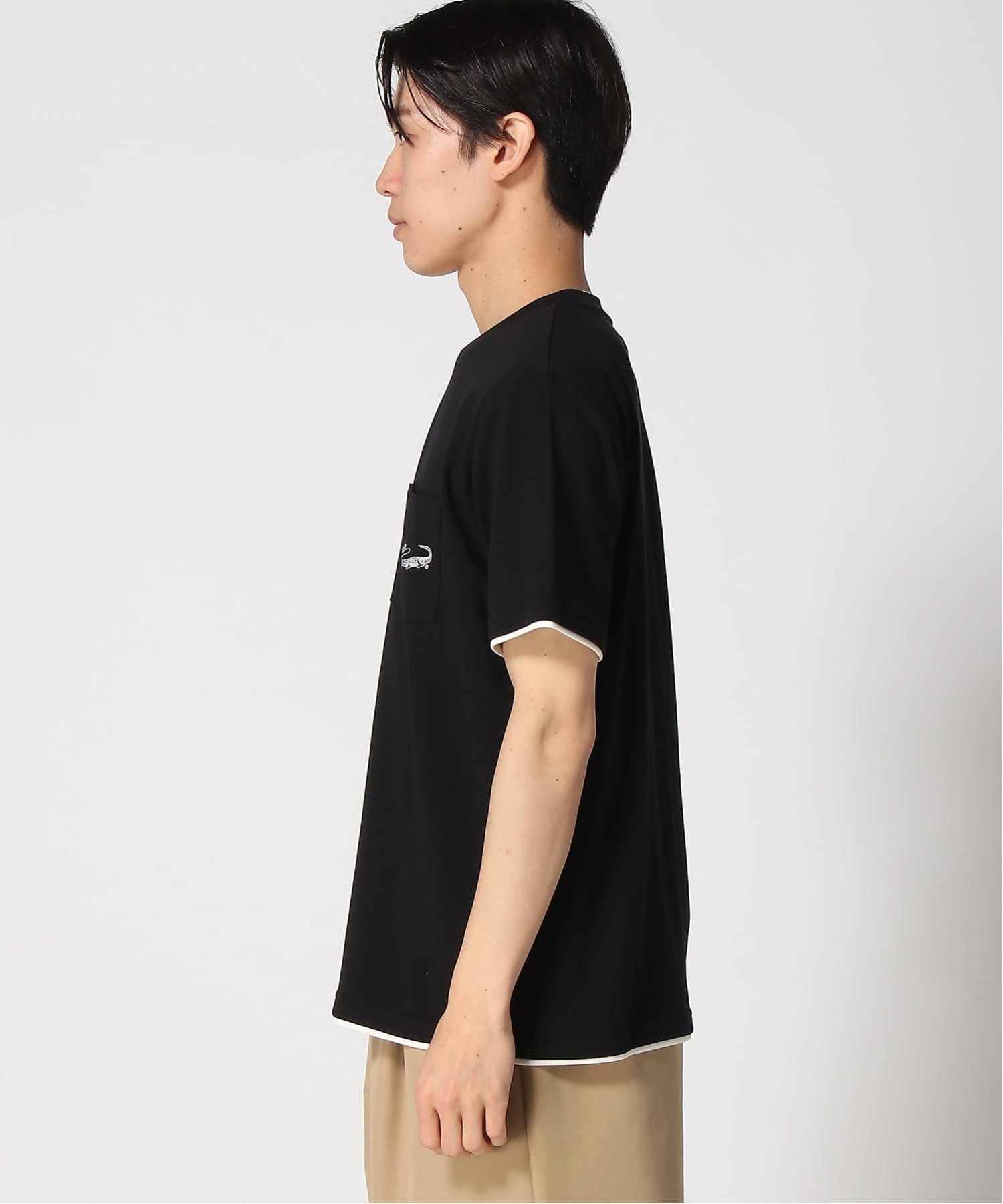 (M)レイヤード風 デザイン Tシャツ クロコダイル トップス カットソー・Tシャツ ブラック グレー