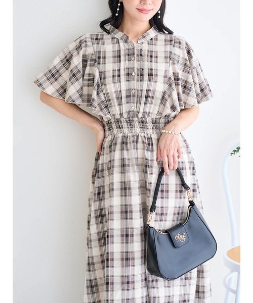 Re-J&SUPURE チェック柄フレア袖ワンピース リジェイアンドスプル ワンピース・ドレス ワンピース