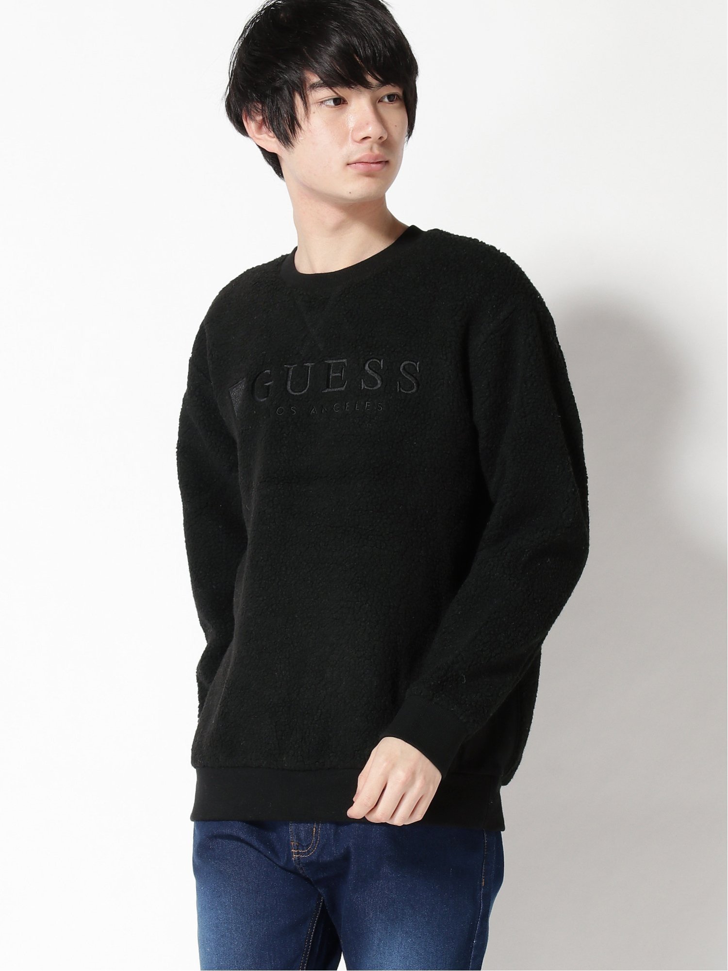 【SALE／30%OFF】GUESS (M)EMBROIDERY LOGO BOA SWEAT ゲス カットソー スウェット ホワイト ブラック【送料無料】