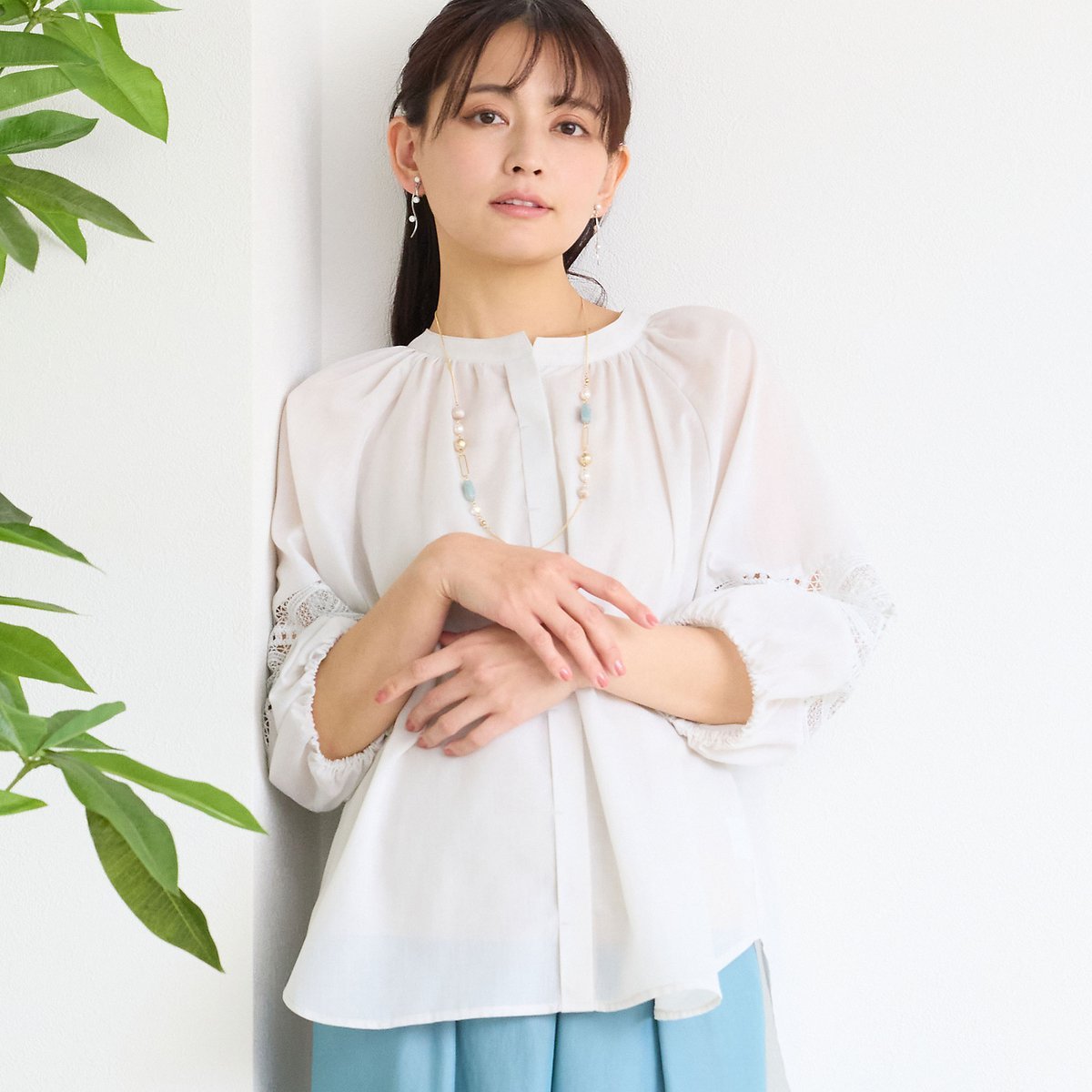 LOBJIE 【洗える】レース接ぎボリュームスリーブブラウス ロブジェ トップス シャツ・ブラウス ピンク ネイビー ベージュ