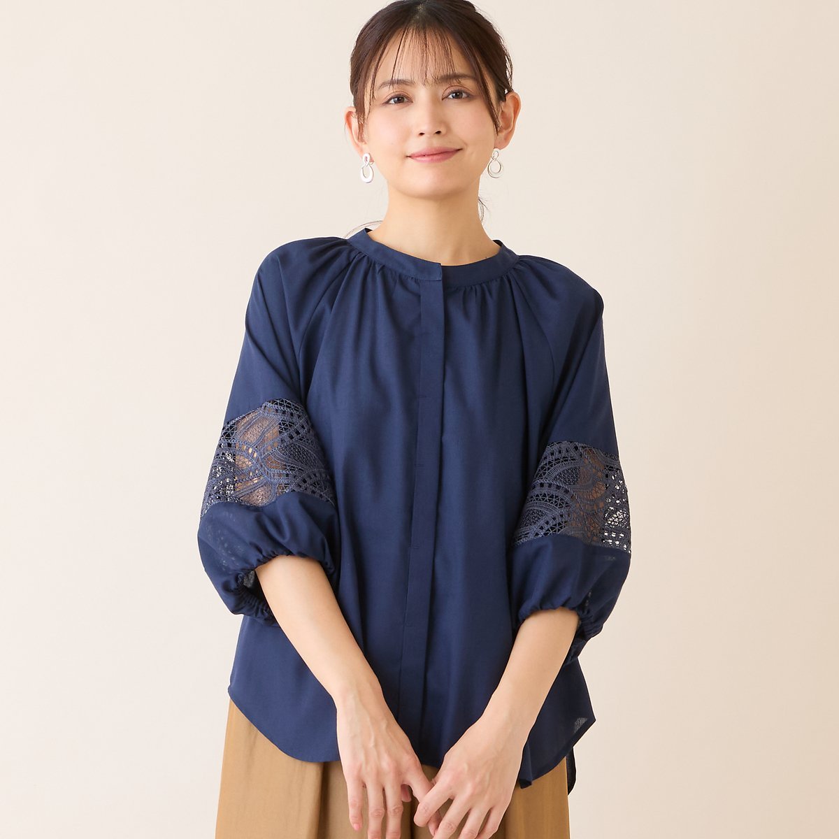 LOBJIE 【洗える】レース接ぎボリュームスリーブブラウス ロブジェ トップス シャツ・ブラウス ピンク ネイビー ベージュ