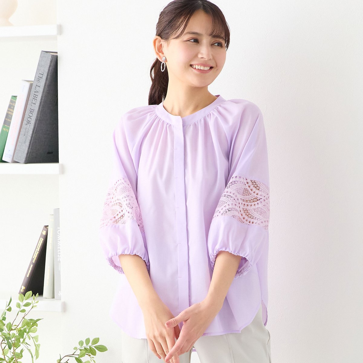 LOBJIE 【洗える】レース接ぎボリュームスリーブブラウス ロブジェ トップス シャツ・ブラウス ピンク ネイビー ベージュ