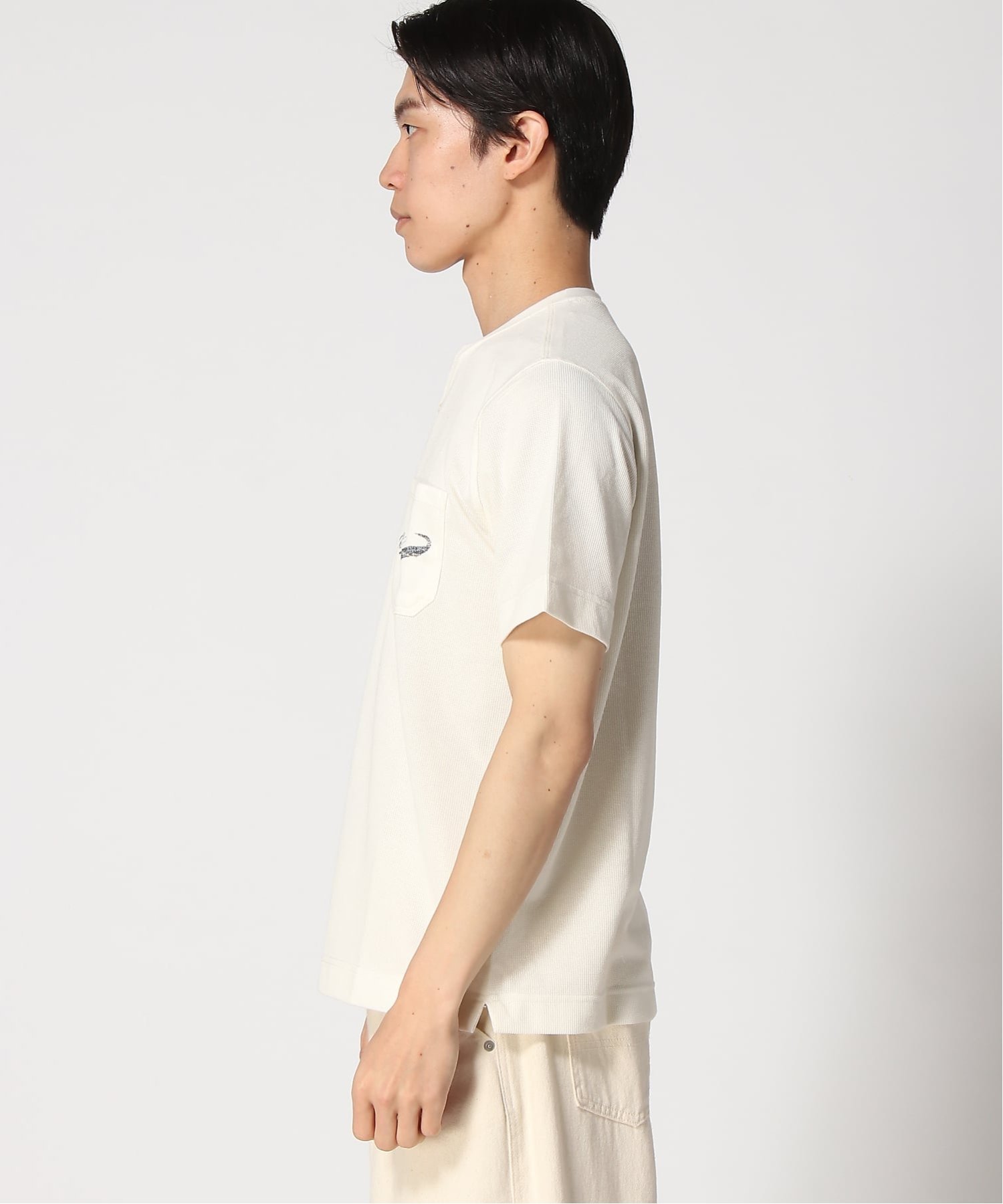 (M)鹿の子 キーネックTシャツ クロコダイル トップス カットソー・Tシャツ ホワイト グレー