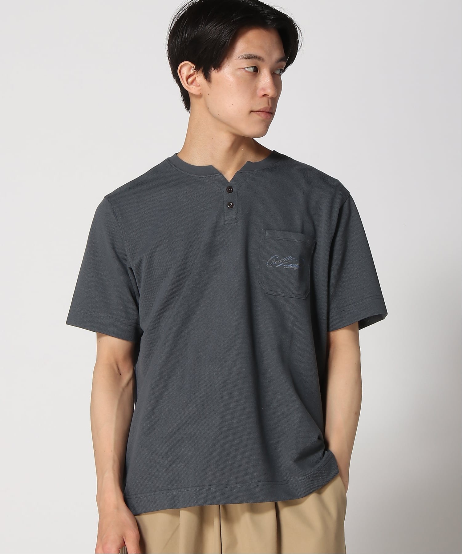 (M)鹿の子 キーネックTシャツ クロコダイル トップス カットソー・Tシャツ ホワイト グレー