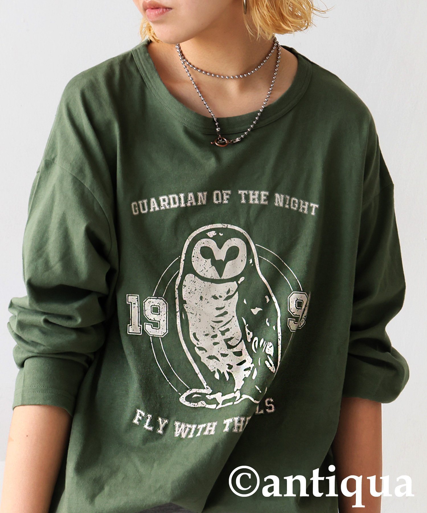 [antiqua] 長袖 綿100% アニマル柄 プリント ロンT レディース メンズ ZA-00300 アンティカ トップス カットソー・Tシャツ カーキグリーン ブラック ホワイト グレー ネイビー