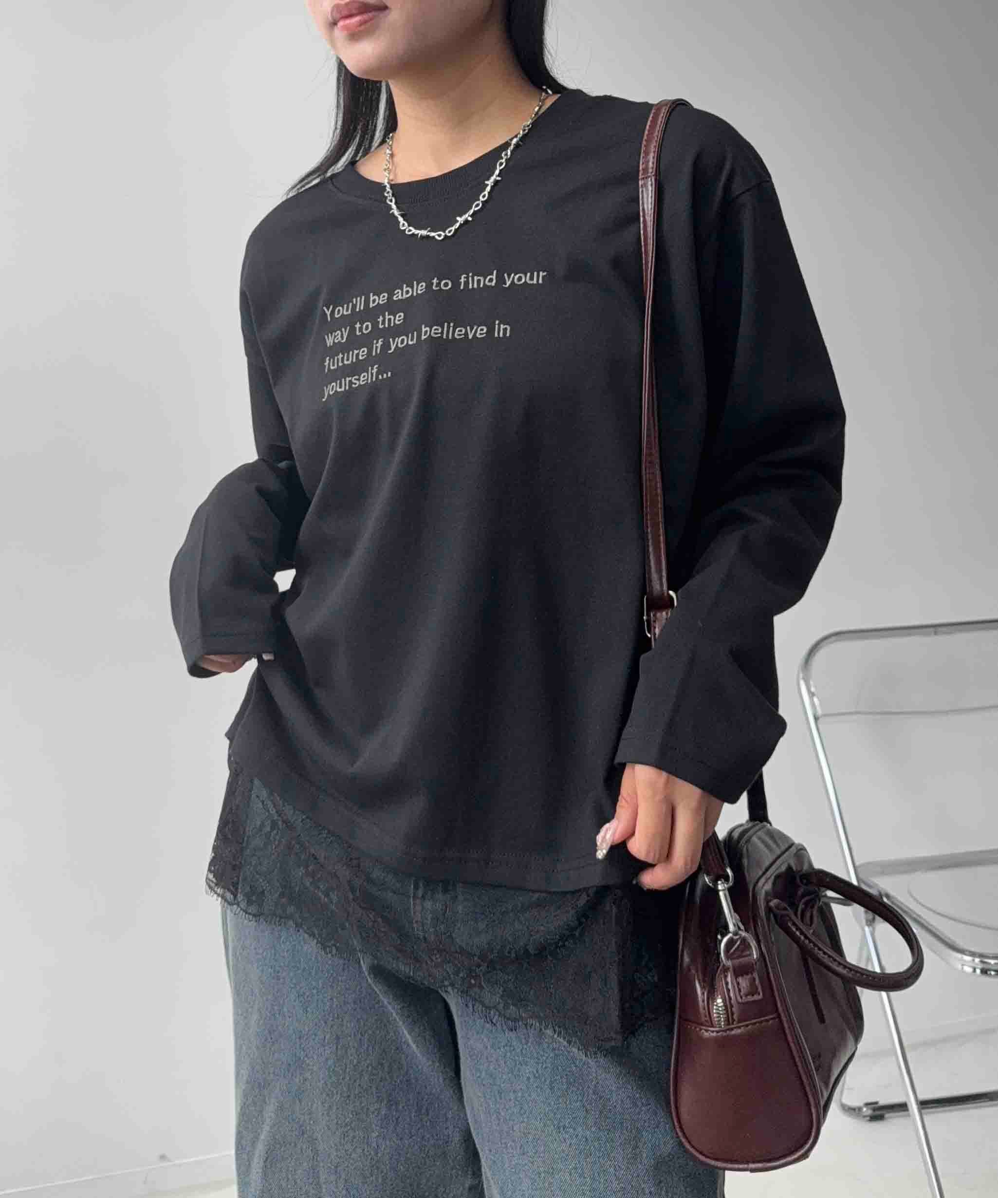 ☆『裾レース/レイヤード風/大人カジュアル』ロゴロンT アズノゥアズプラス トップス カットソー・Tシャツ ブラウン ホワイト ブラック