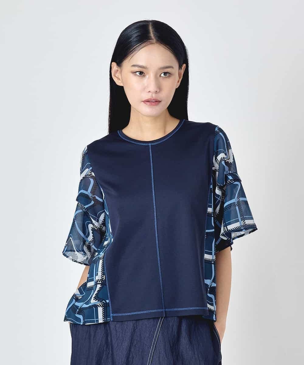 HIROKO BIS GRANDE 【大きいサイズ】変形チェックジョイントデザインカットソー ヒロコ ビス グランデ トップス カットソー・Tシャツ ネイビー パープル