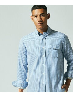 Stripe Organic Cotton Double Tube Button Down Shirt HSOVIA0213: Navy Stripe Organic Cotton Double Tube Button Down Shirt HSOVIA0213: Navy
