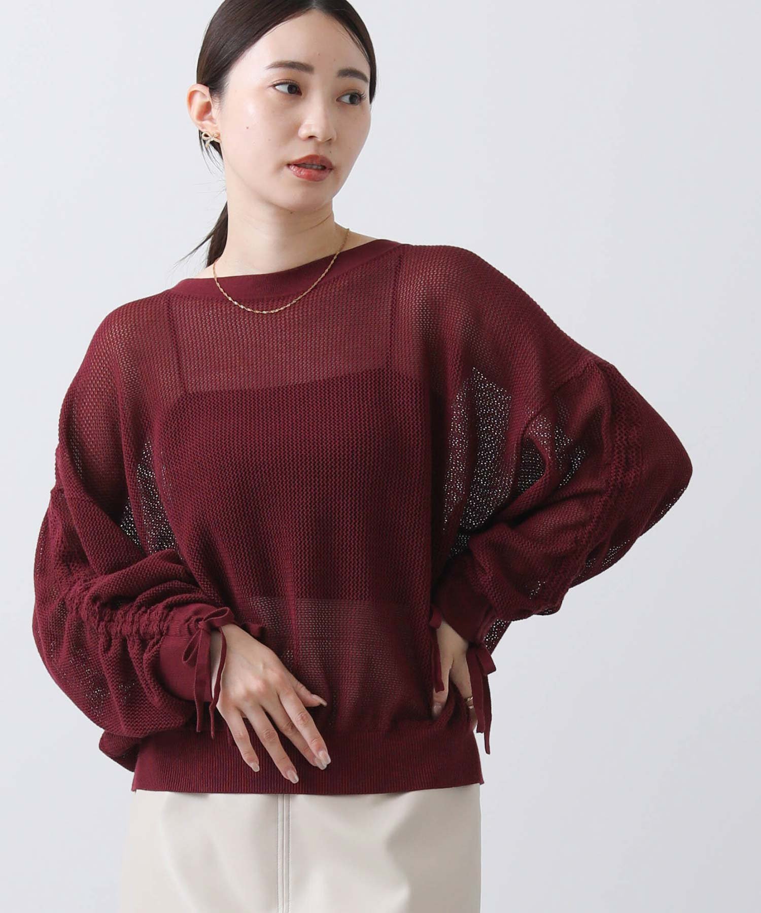 Cメッシュドロストスリーブニット グレディブリリアン トップス ニット レッド ホワイト