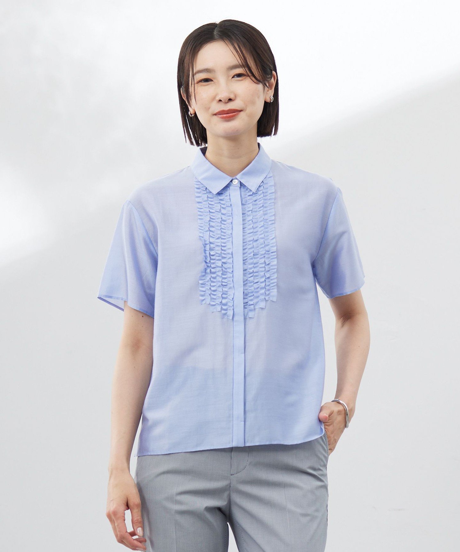 J.PRESS LADIES L 【洗える】フリルジャージー ブラウスライク カットソー ジェイプレス トップス カットソー・Tシャツ グレー ブルー ピンク