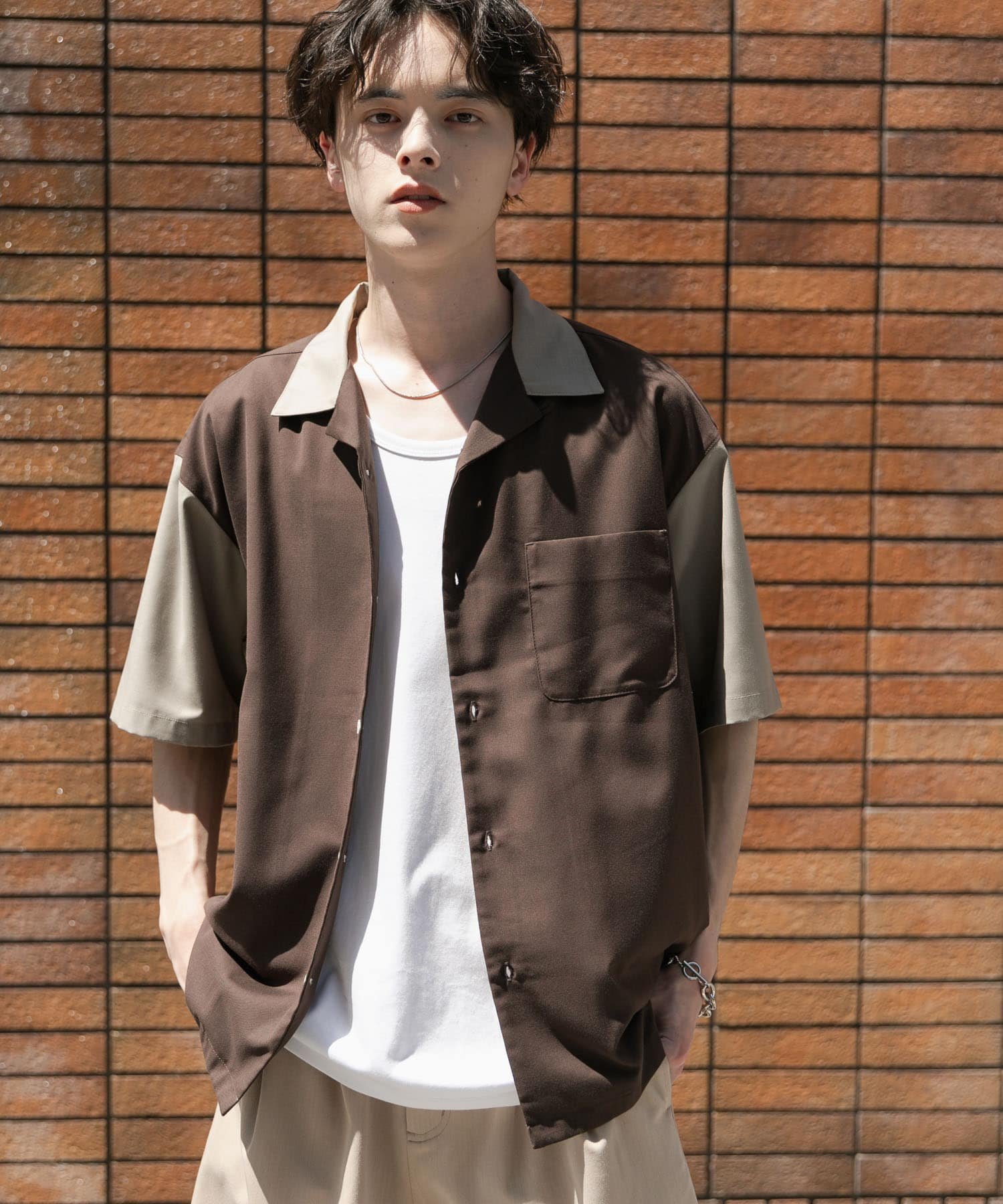 【SALE／60%OFF】SENSE OF PLACE バイカラーオープンカラーショートスリーブシャツ センス オブ プレイス トップス シャツ・ブラウス グレー ブルー ブラウン