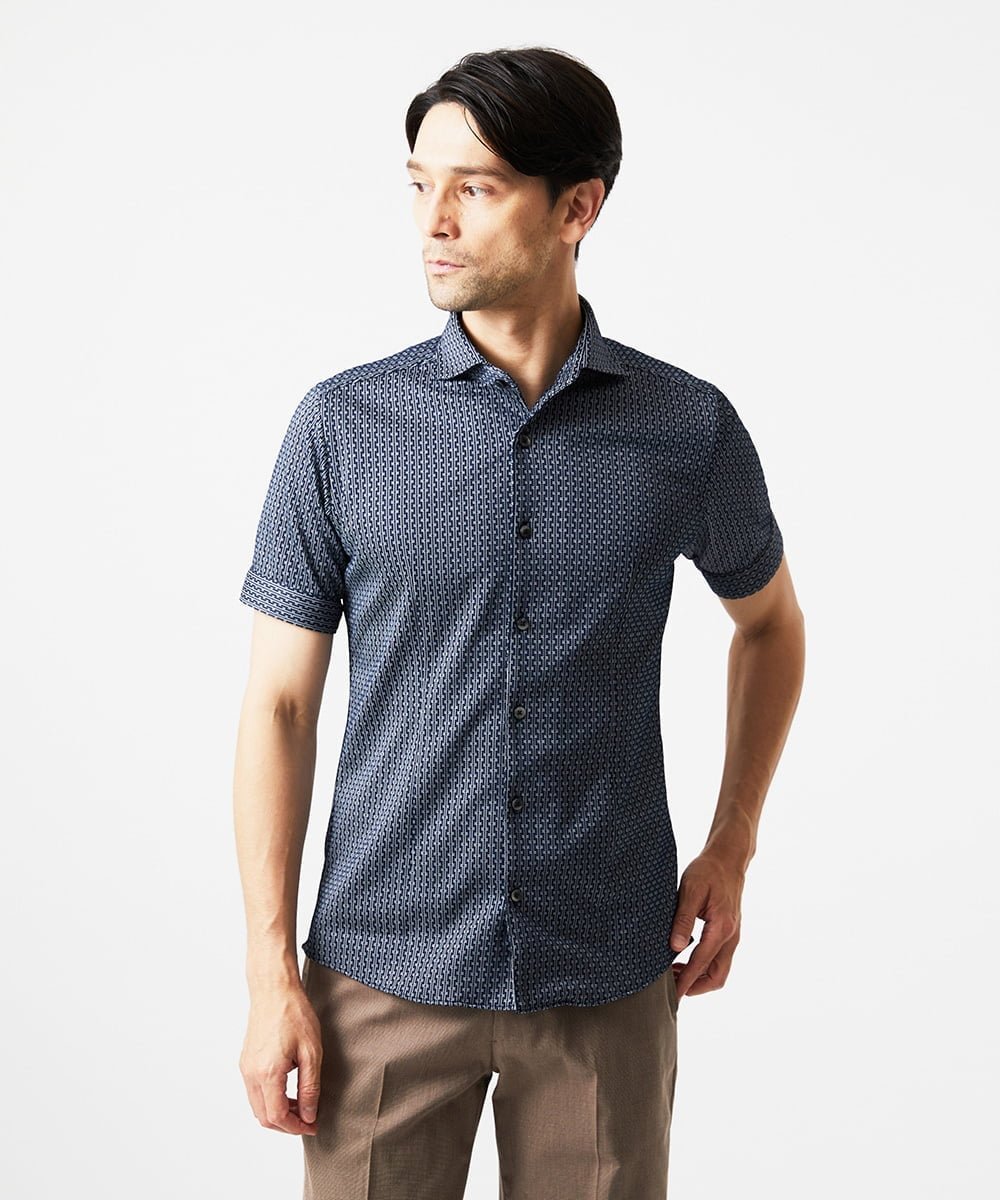 MICHEL KLEIN HOMME 《日本製》ジャガード半袖シャツ ミッシェルクランオム トップス シャツ・ブラウス ネイビー
