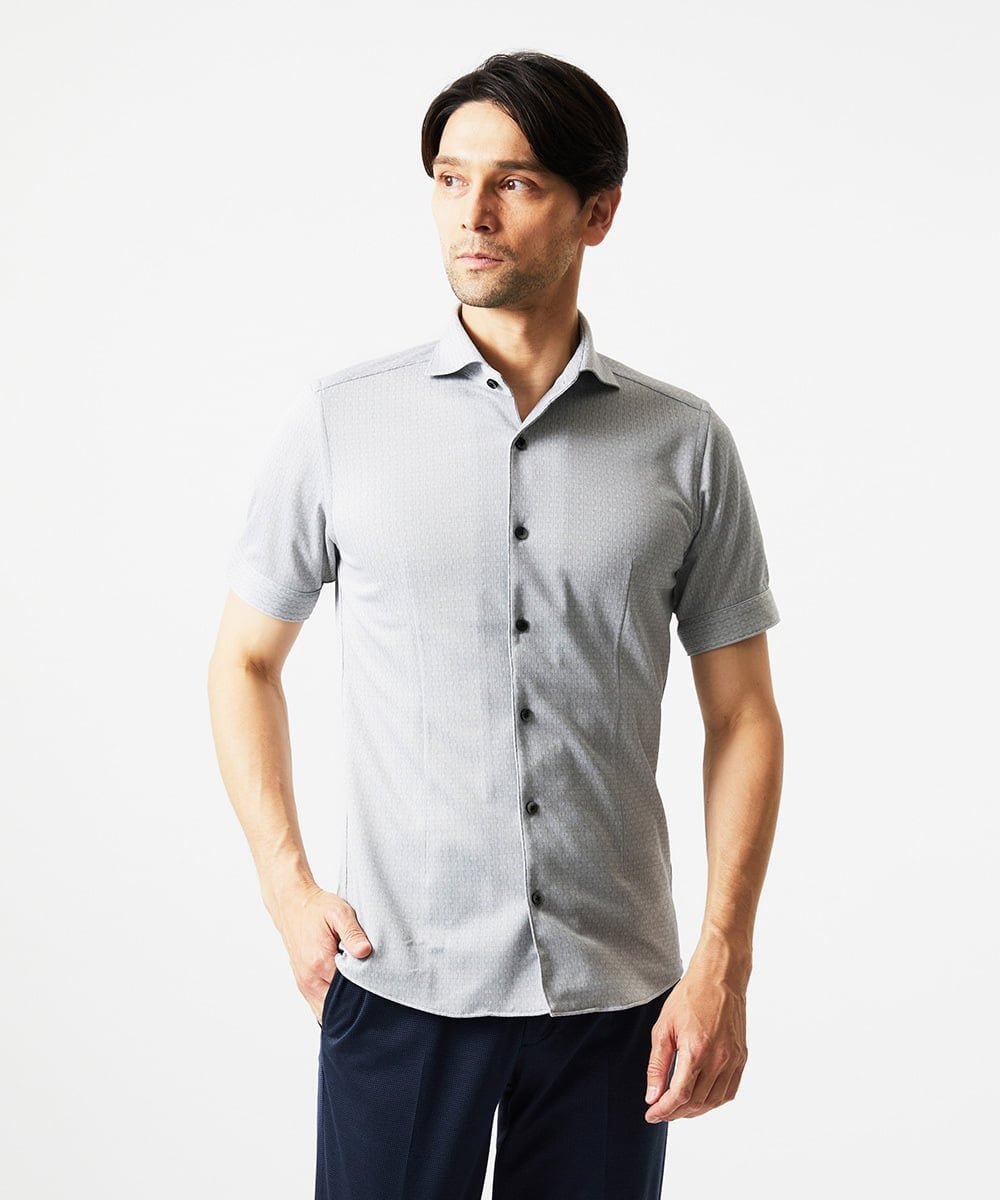 MICHEL KLEIN HOMME 《日本製》ジャガード半袖シャツ ミッシェルクランオム トップス シャツ・ブラウス ネイビー