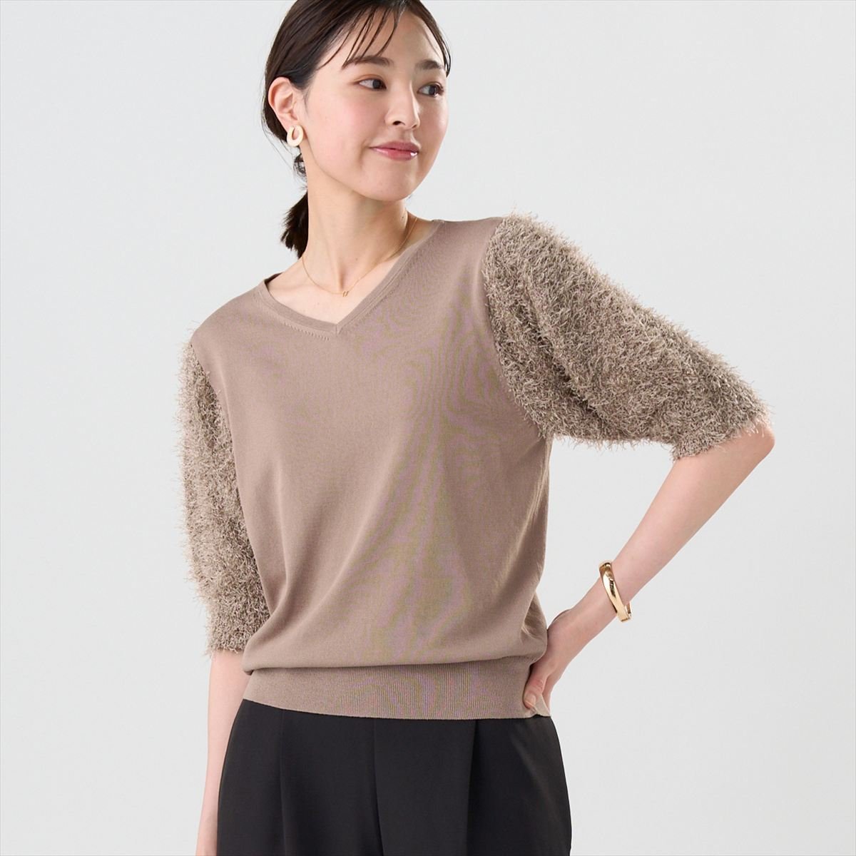 【SALE／68%OFF】BRICK HOUSE by Tokyo Shirts ニット 袖フェザー切替プルオーバー 五分袖 レディース BL05J500DE30V00-50 トーキョーシャツ トップス ニット ブラウン