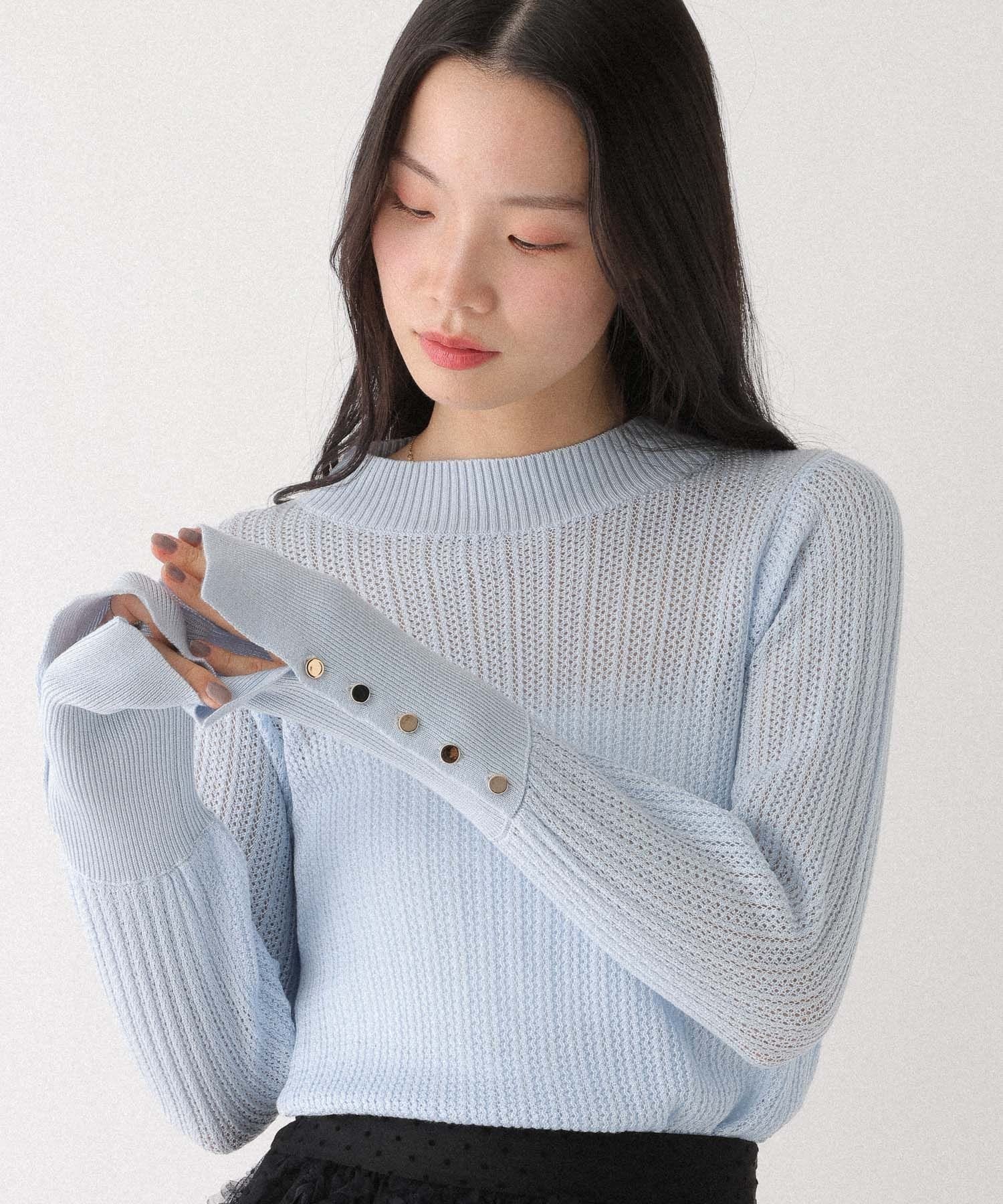 Heather 袖ボタンピタニット ヘザー トップス ニット ホワイト ブルー ブラック