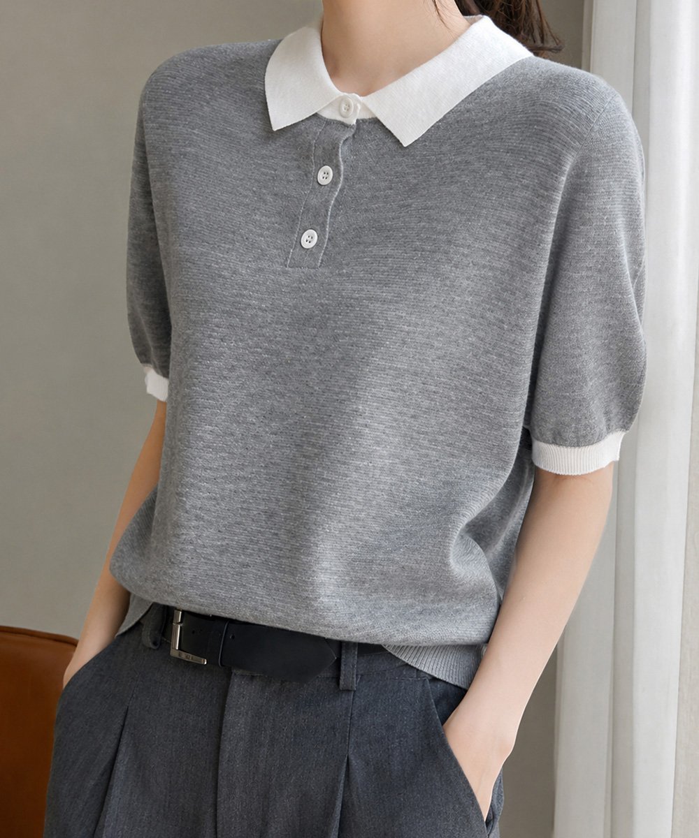 miniministore 配色襟付き半袖 ポロニットトップス韓国風 ミニミニストア トップス カットソー・Tシャツ カーキグリーン ホワイト グレー ピンク