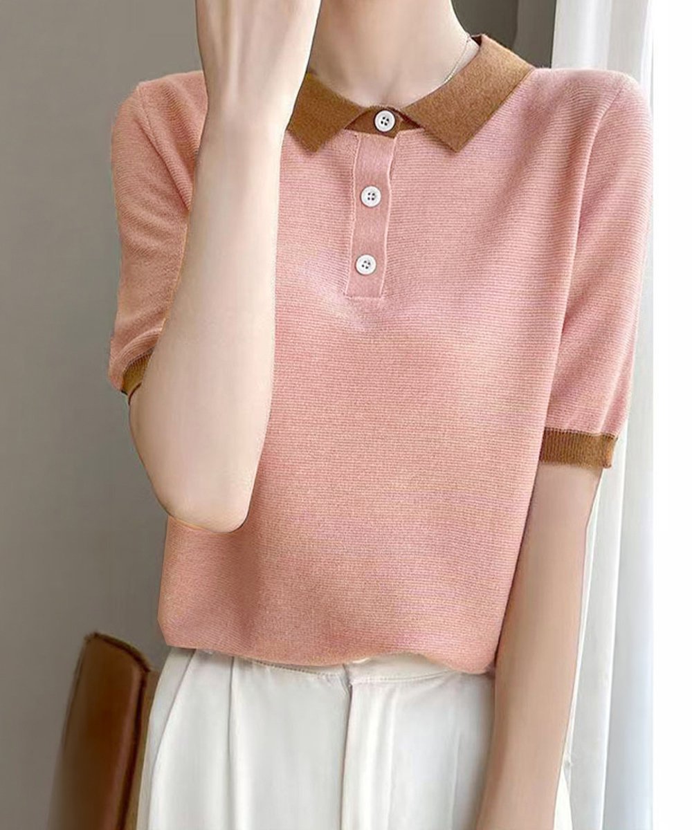 miniministore 配色襟付き半袖 ポロニットトップス韓国風 ミニミニストア トップス カットソー・Tシャツ カーキグリーン ホワイト グレー ピンク