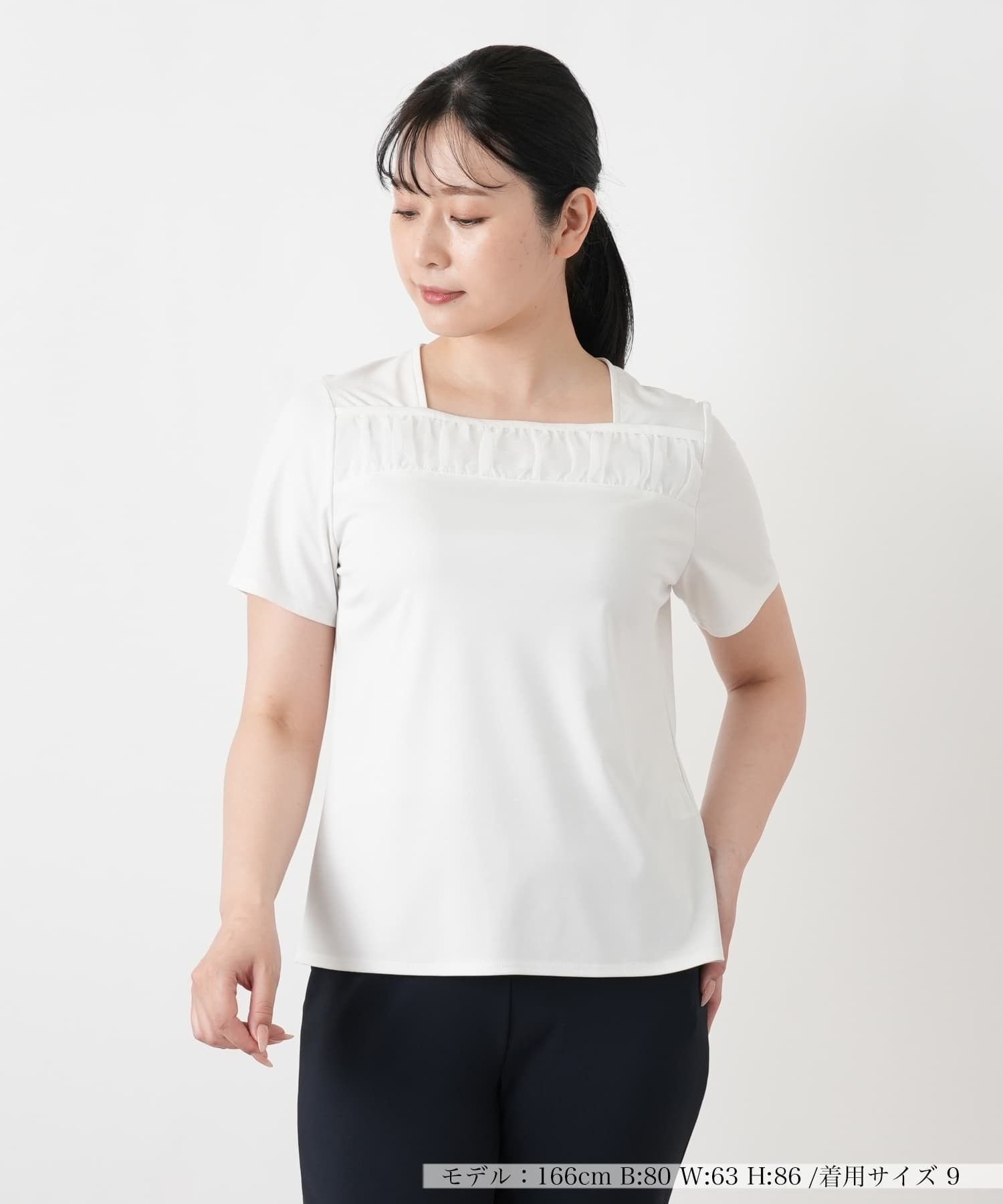 Leilian チュール切替スクエアネックカットソー【BOURGE】 レリアン トップス カットソー・Tシャツ ホワイト グリーン