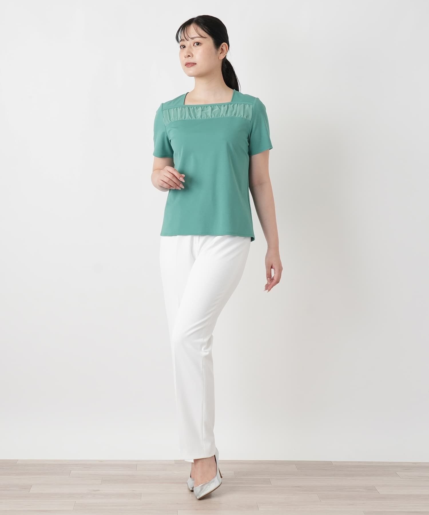 Leilian チュール切替スクエアネックカットソー【BOURGE】 レリアン トップス カットソー・Tシャツ ホワイト グリーン