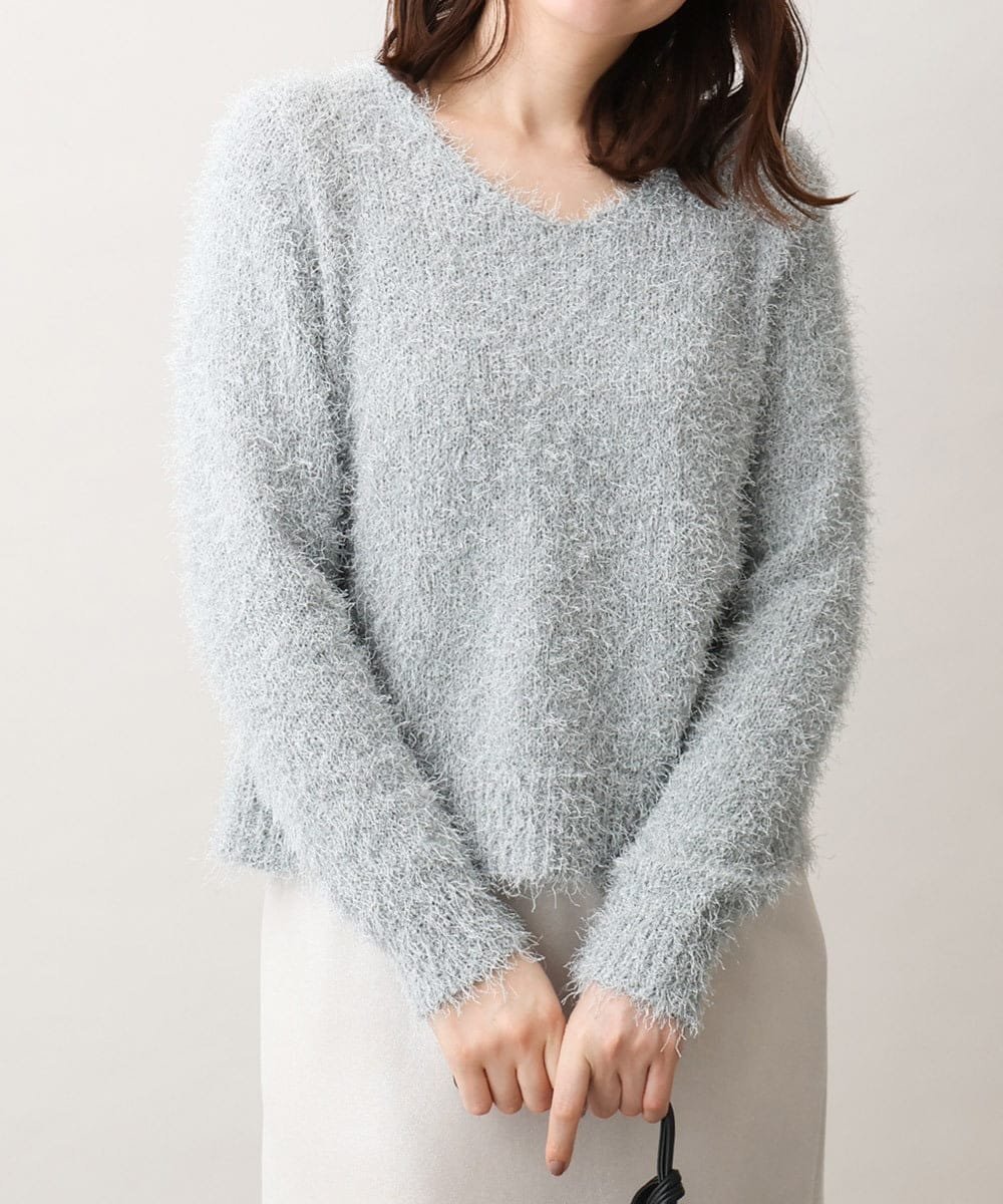 OFUON ラメシャギーVネックニット/洗える オフオン トップス ニット ブルー ホワイト【送料無料】のサムネイル