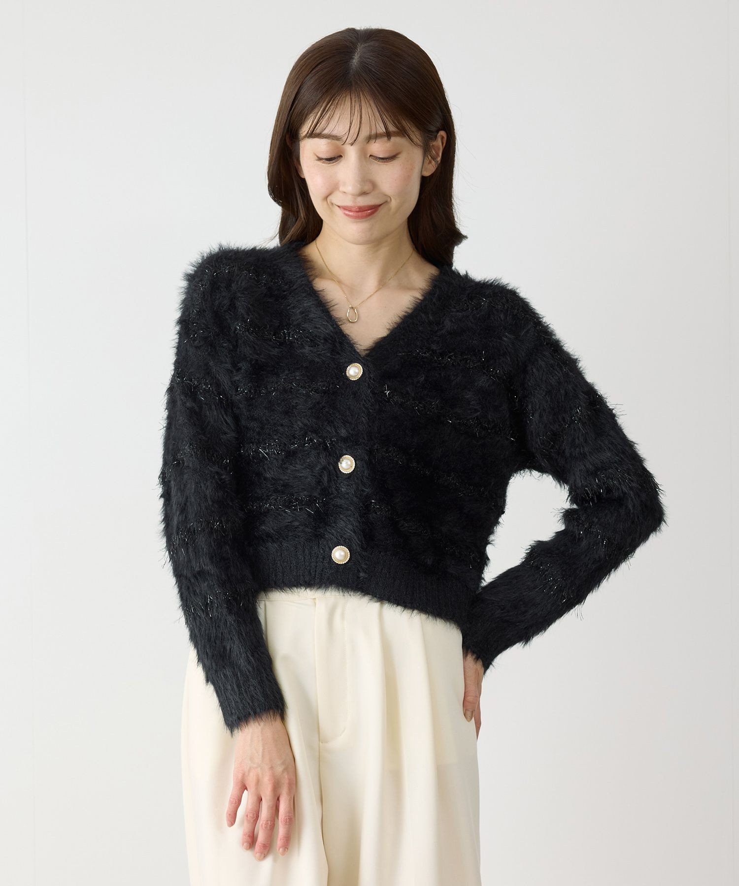 【SALE／20%OFF】JAYRO ファーパールボタンカーディガン ジャイロ トップス カーディガン ベージュ ホワイト ブラック【送料無料】