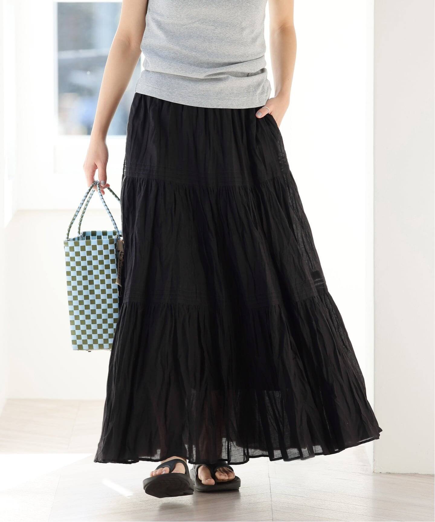 JOURNAL STANDARD relume 《WEB Exclusive Additional Reservation 2》 Cotton Voile Crinkle Tiered Skirt Journal Standard relume Skirt Long/Maxi Skirt Brown Black [Free Shipping]