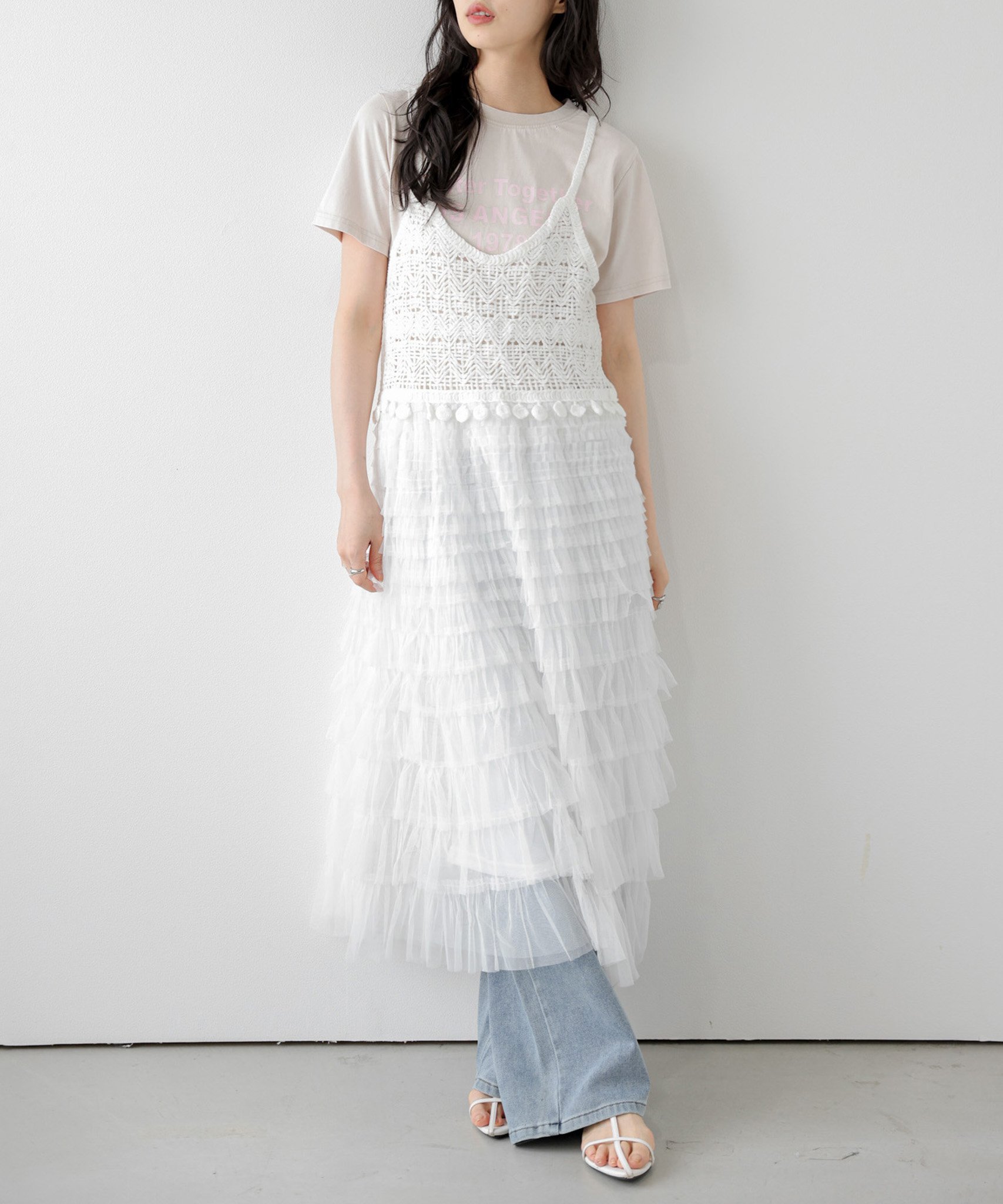 La-gemme クロシェニット*ティアードチュールキャミワンピース ラジュール ワンピース・ドレス ワンピース ベージュ ホワイト