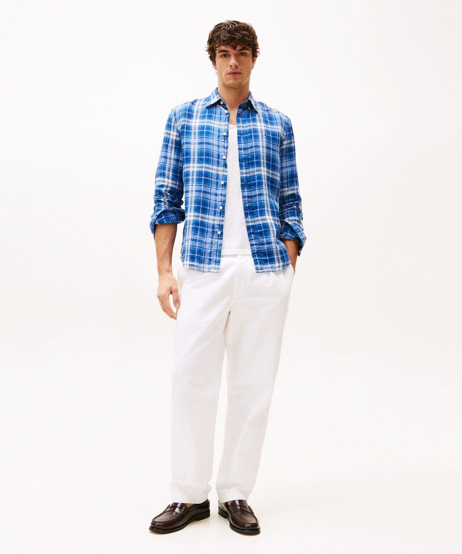【SALE／50%OFF】TOMMY HILFIGER リネンミディアムチェックリラックスフィットシャツ トミーヒルフィガー トップス シャツ・ブラウス ブラック【送料無料】