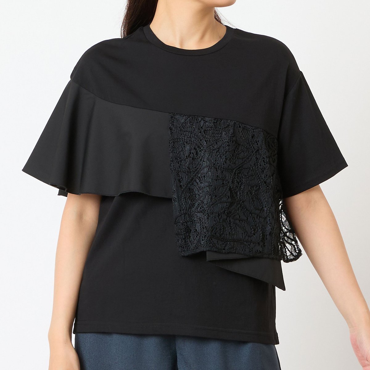 LOBJIE 【一部店舗・WEB限定アイテム・洗える】フリルTシャツ ロブジェ トップス カットソー・Tシャツ ホワイト ブラック