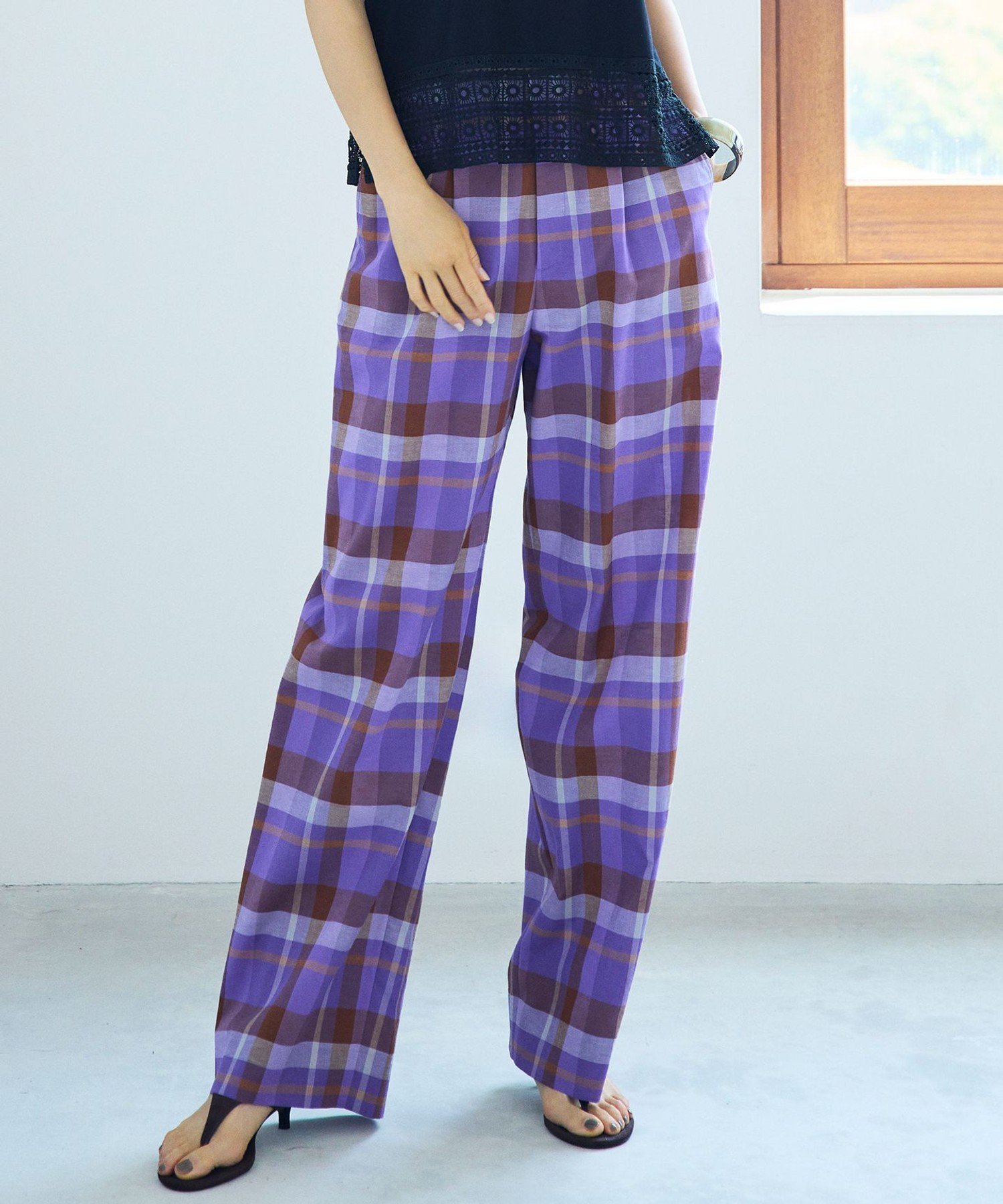 自由区 【SHIHOさん着用・セットアップ対応】コットンリネンチェックワイドストレート パンツ ジユウク パンツ その他のパンツ グリーン パープル