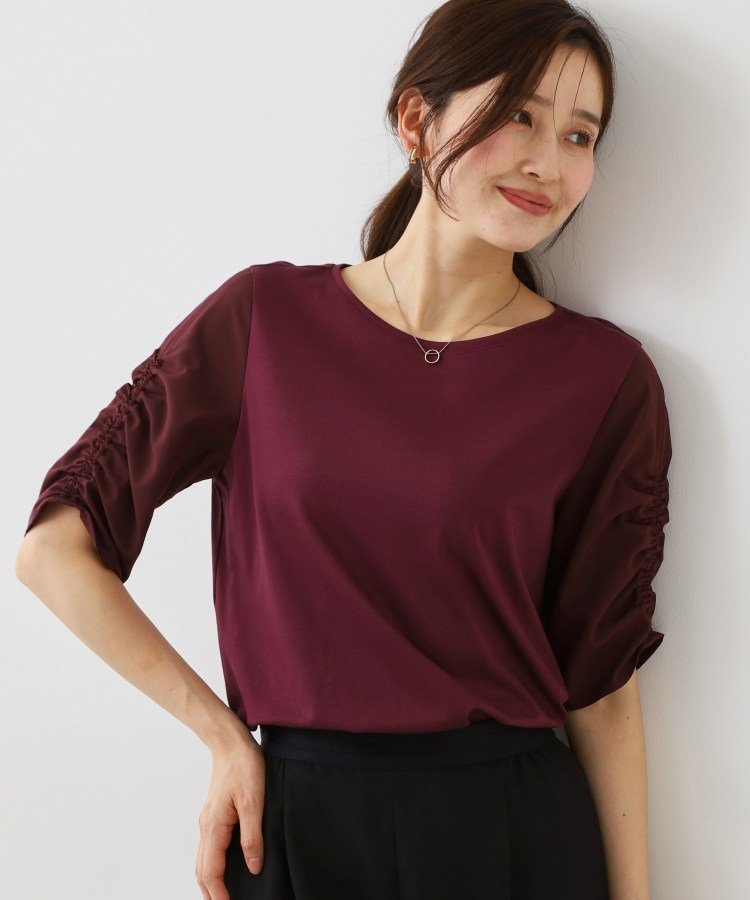 【手洗い可/日本製】袖ギャザーカットソー クード シャンス トップス カットソー・Tシャツ ワインレッド ホワイト ブラック ベージュ