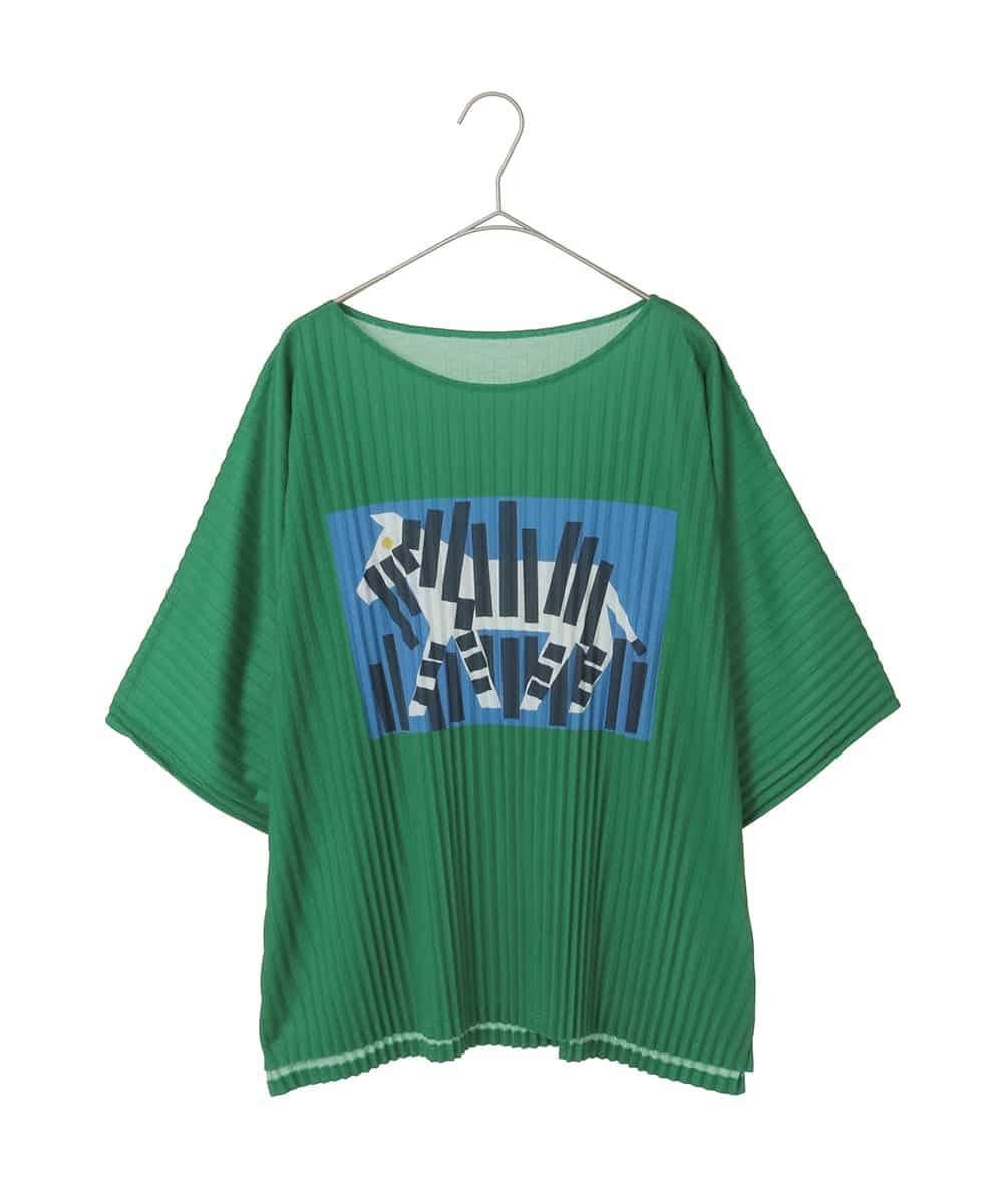 HIROKO BIS GRANDE 【大きいサイズ】シマウマプリントプリーツデザインTシャツ ヒロコ ビス グランデ トップス カットソー・Tシャツ グリーン ブルー